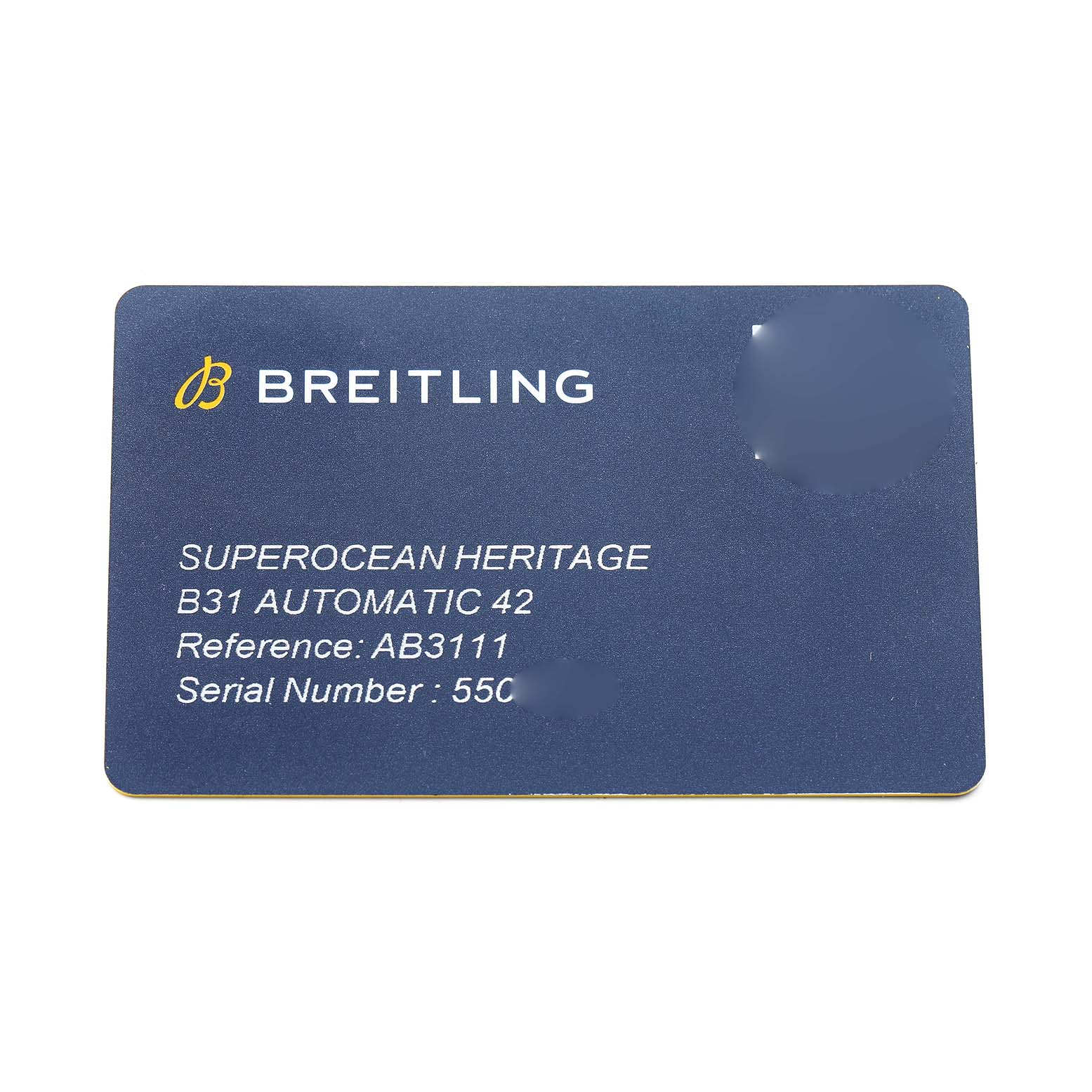The image shows a Breitling Superocean AB3111 Men's Stainless Steel Green Dial Heritage warranty card, displaying model, reference, and serial number details.