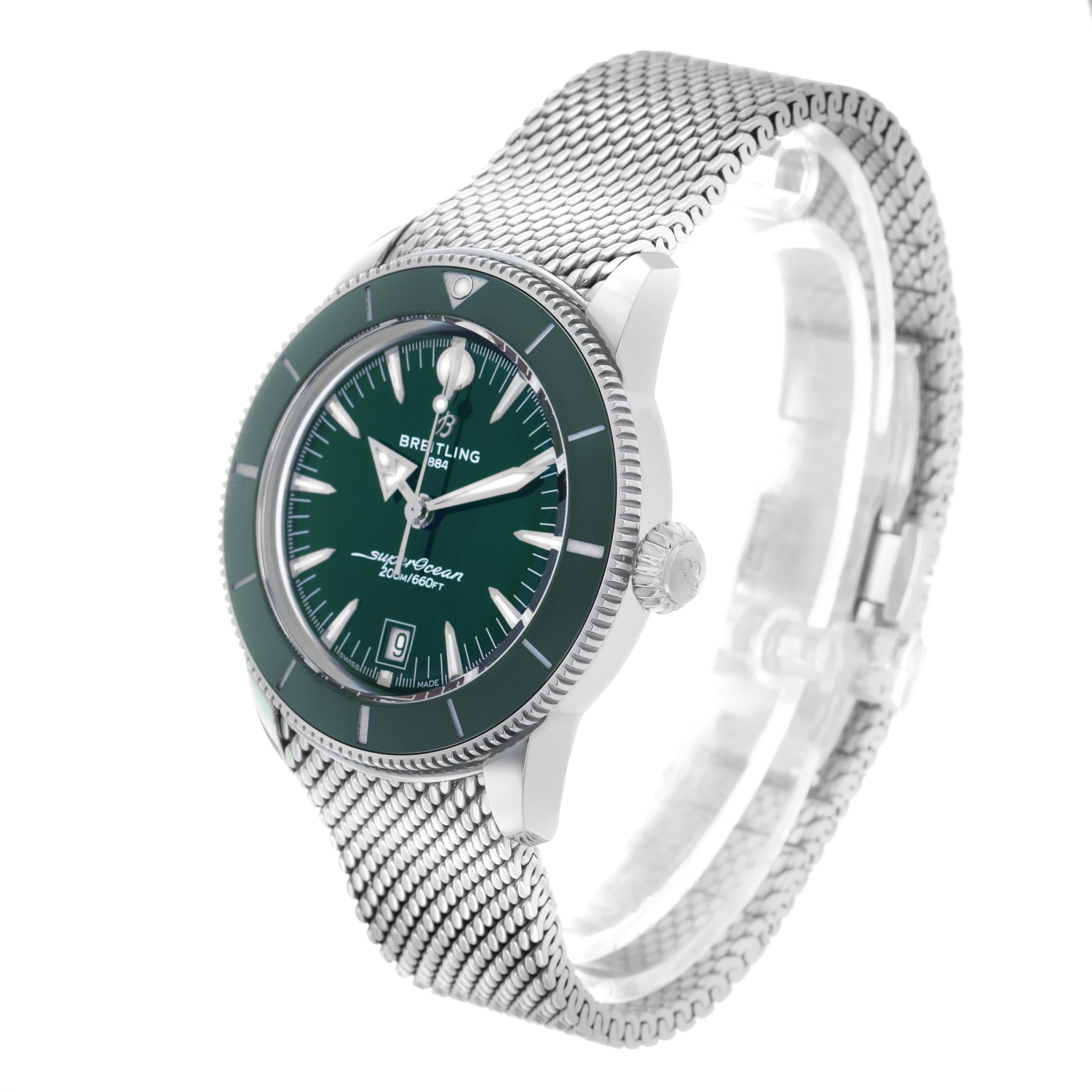 The Breitling Superocean AB3111 Men's Stainless Steel Green Dial watch is shown at a slight angle, displaying its green dial, bezel, and mesh strap.