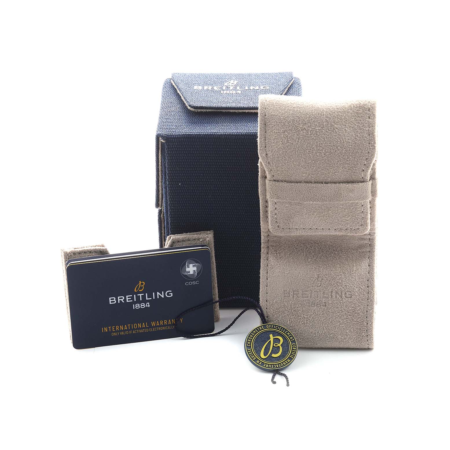 The image shows Breitling Superocean AB3111 Men's Stainless Steel Green Dial packaging, warranty card, and a beige pouch from a front angle.
