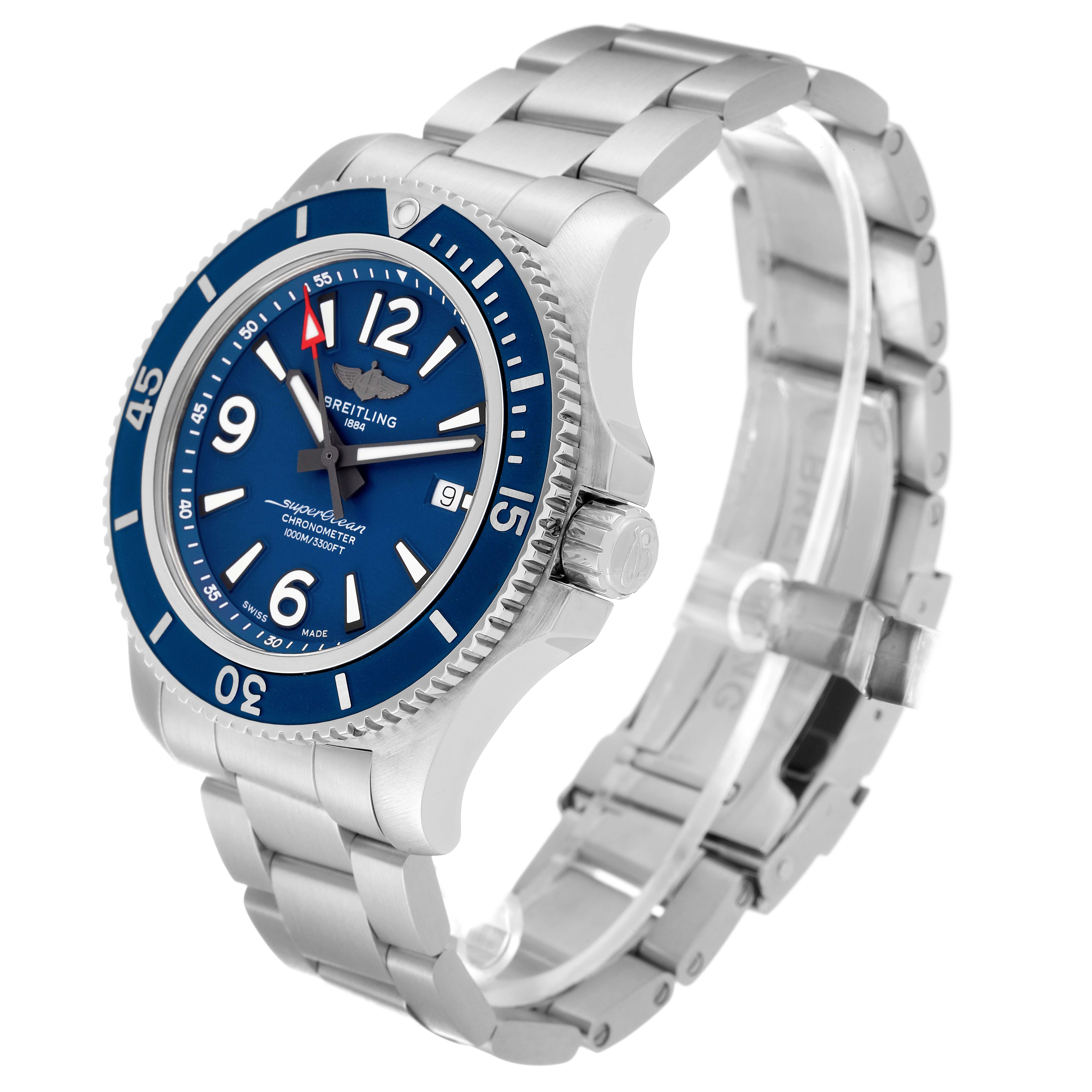 The image shows a Breitling Superocean A17367 Men
s Stainless Steel Blue Dial A17367 Men
s Stainless Steel Blue Dial watch from an angled side view, highlighting the blue dial, bezel, and metal bracelet.