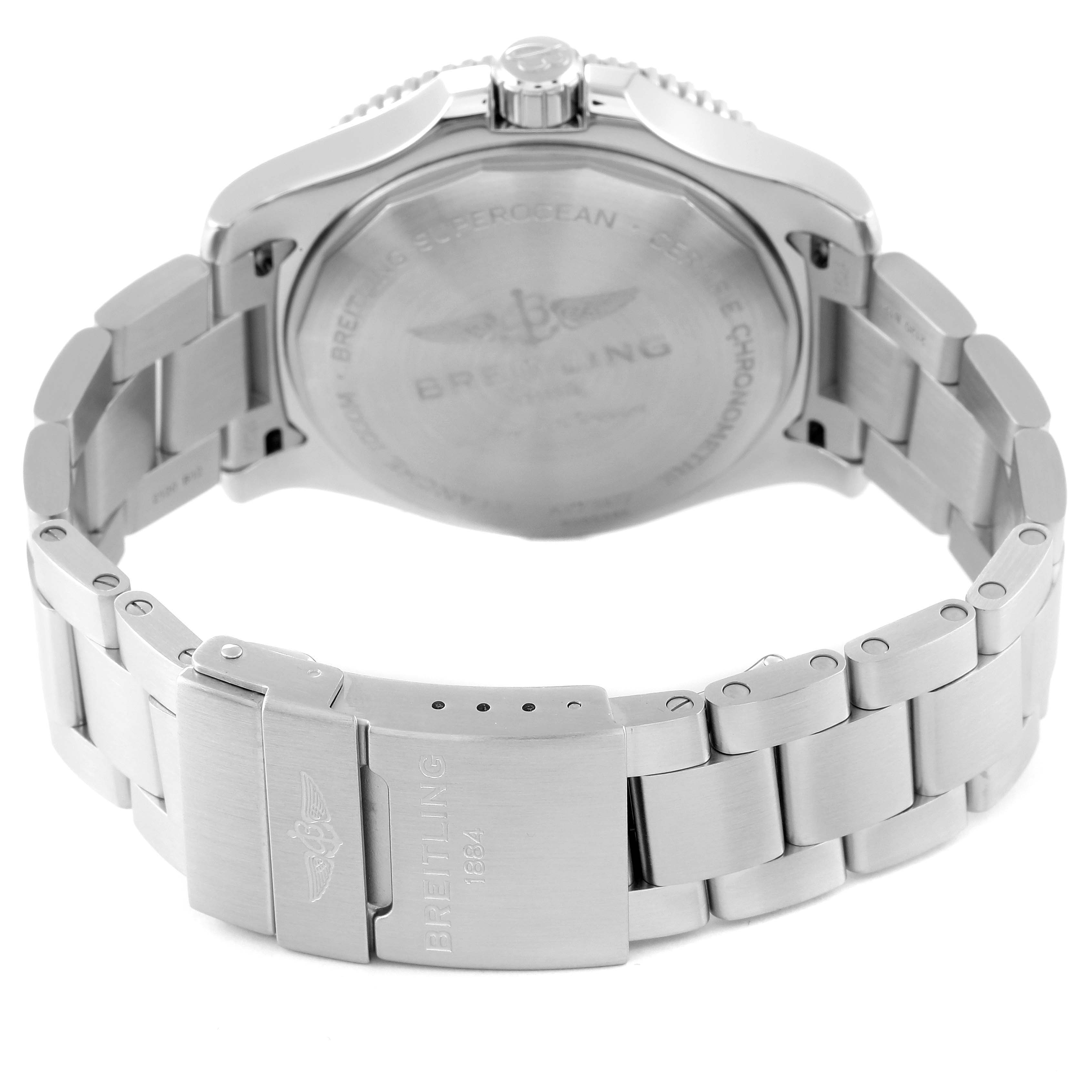 The image shows the case back, clasp, and bracelet of a Breitling Superocean A17367 Men
s Stainless Steel Blue Dial A17367 Men
s Stainless Steel Blue Dial watch from a rear angle.