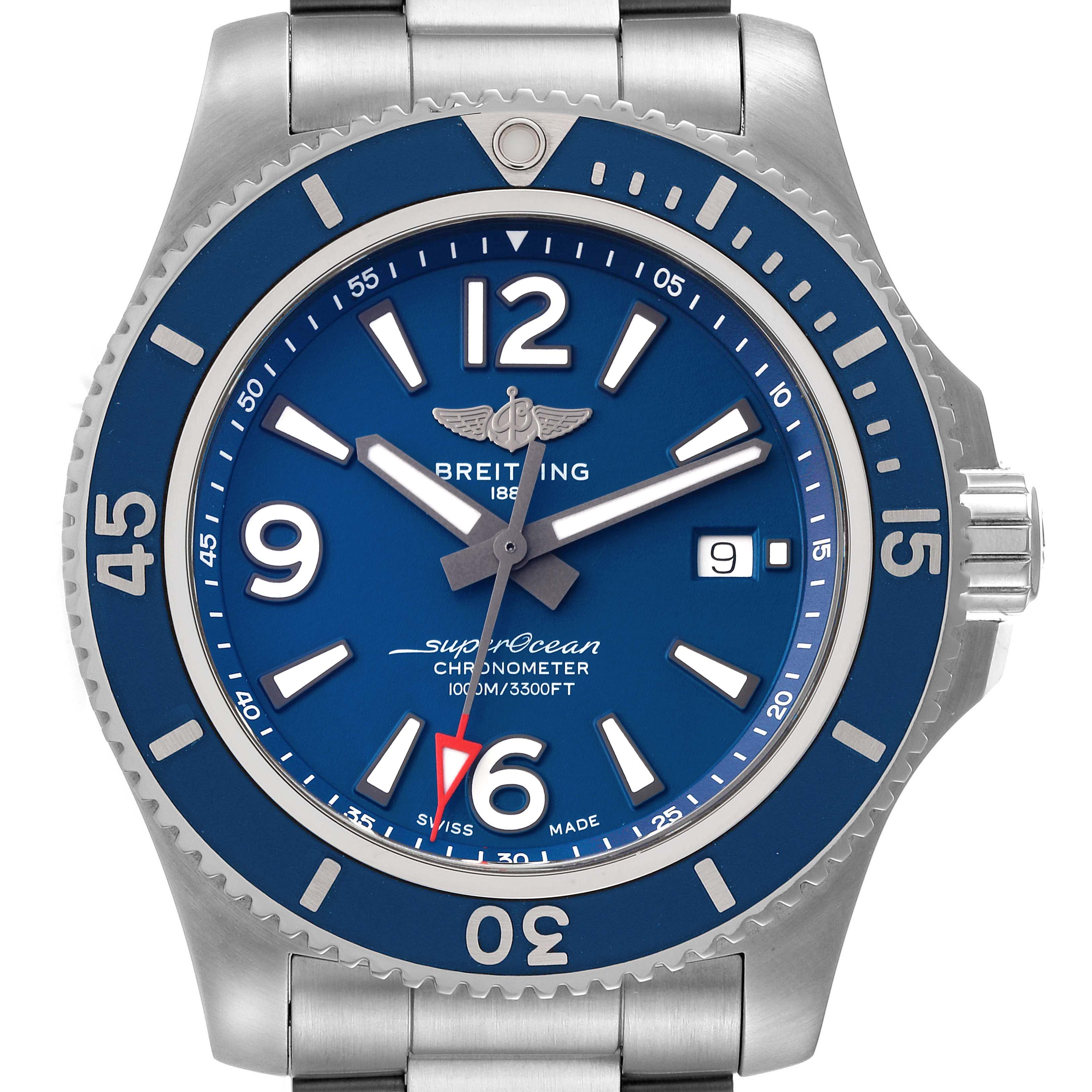 This image shows a front view of a Breitling Superocean A17367 Men
s Stainless Steel Blue Dial A17367 Men
s Stainless Steel Blue Dial watch, displaying the dial, bezel, hands, markers, and date window.