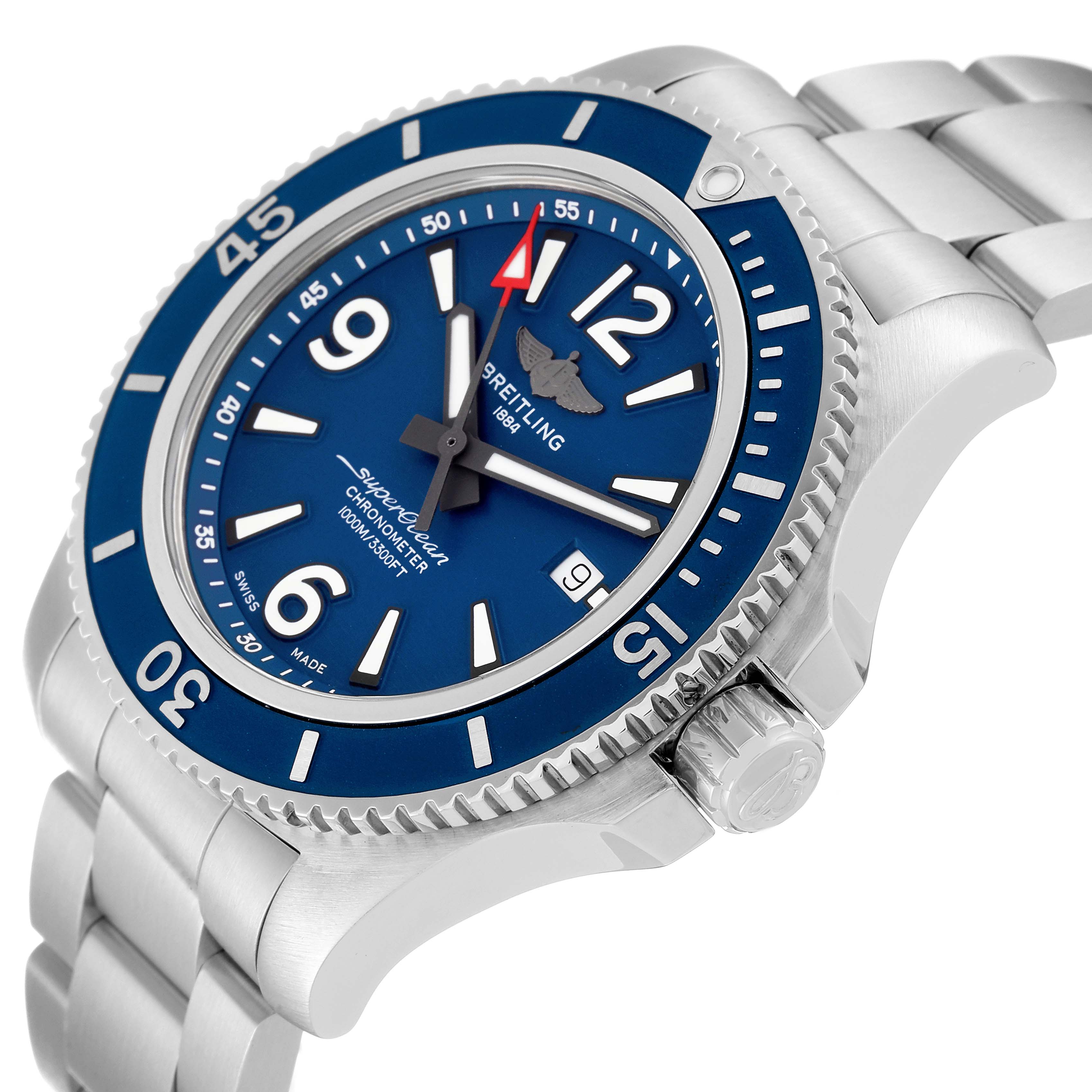 The image shows a Breitling Superocean A17367 Men
s Stainless Steel Blue Dial A17367 Men
s Stainless Steel Blue Dial watch from an angle highlighting its blue dial, bezel, crown, and metal bracelet.
