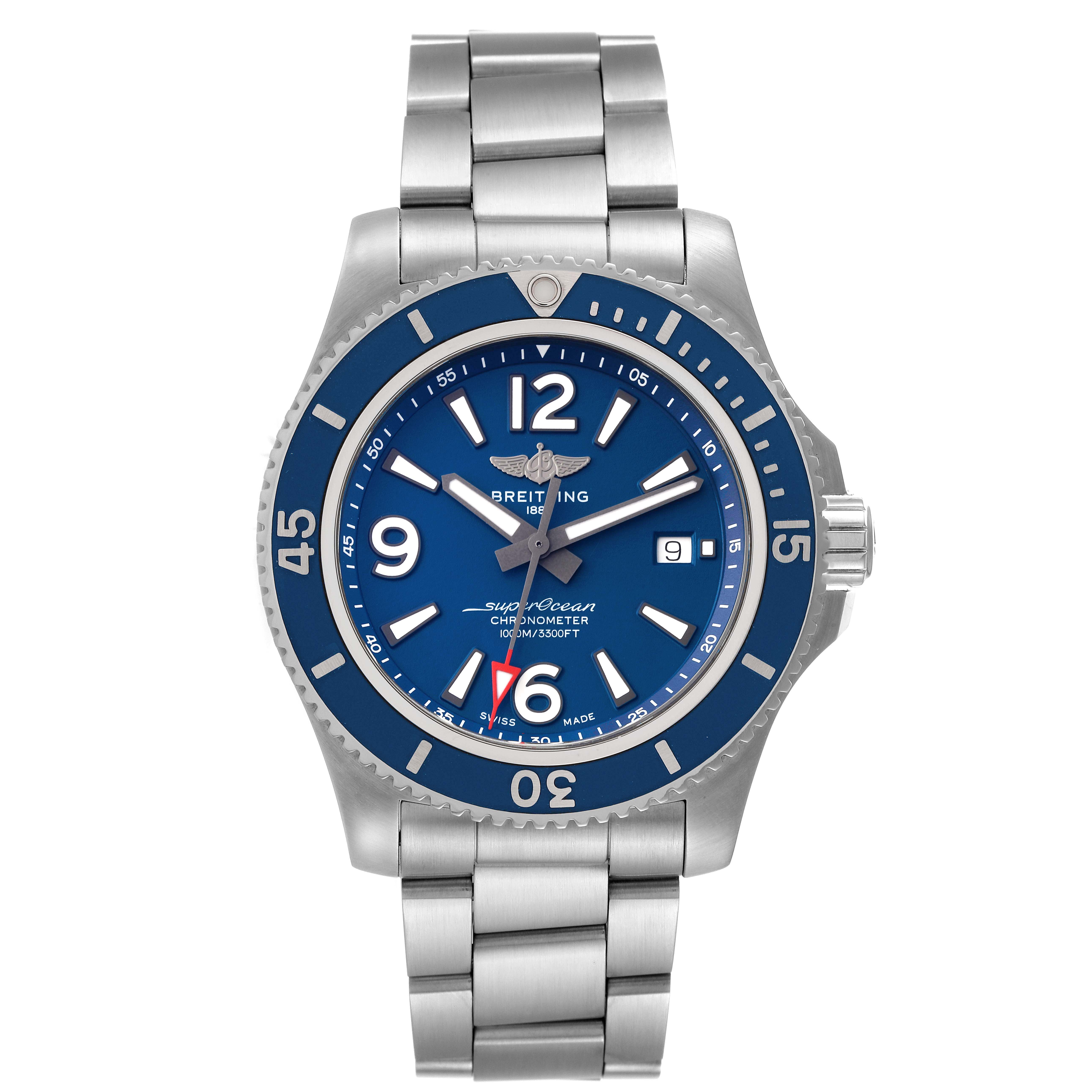The Breitling Superocean A17367 Men
s Stainless Steel Blue Dial A17367 Men
s Stainless Steel Blue Dial watch is shown from the front, featuring its blue dial and stainless steel bracelet.