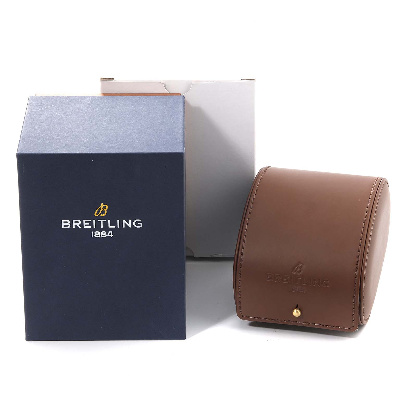 The image shows the packaging for a Breitling Superocean A17367 Men
s Stainless Steel Blue Dial A17367 Men
s Stainless Steel Blue Dial watch, including a blue box and a brown leather case.