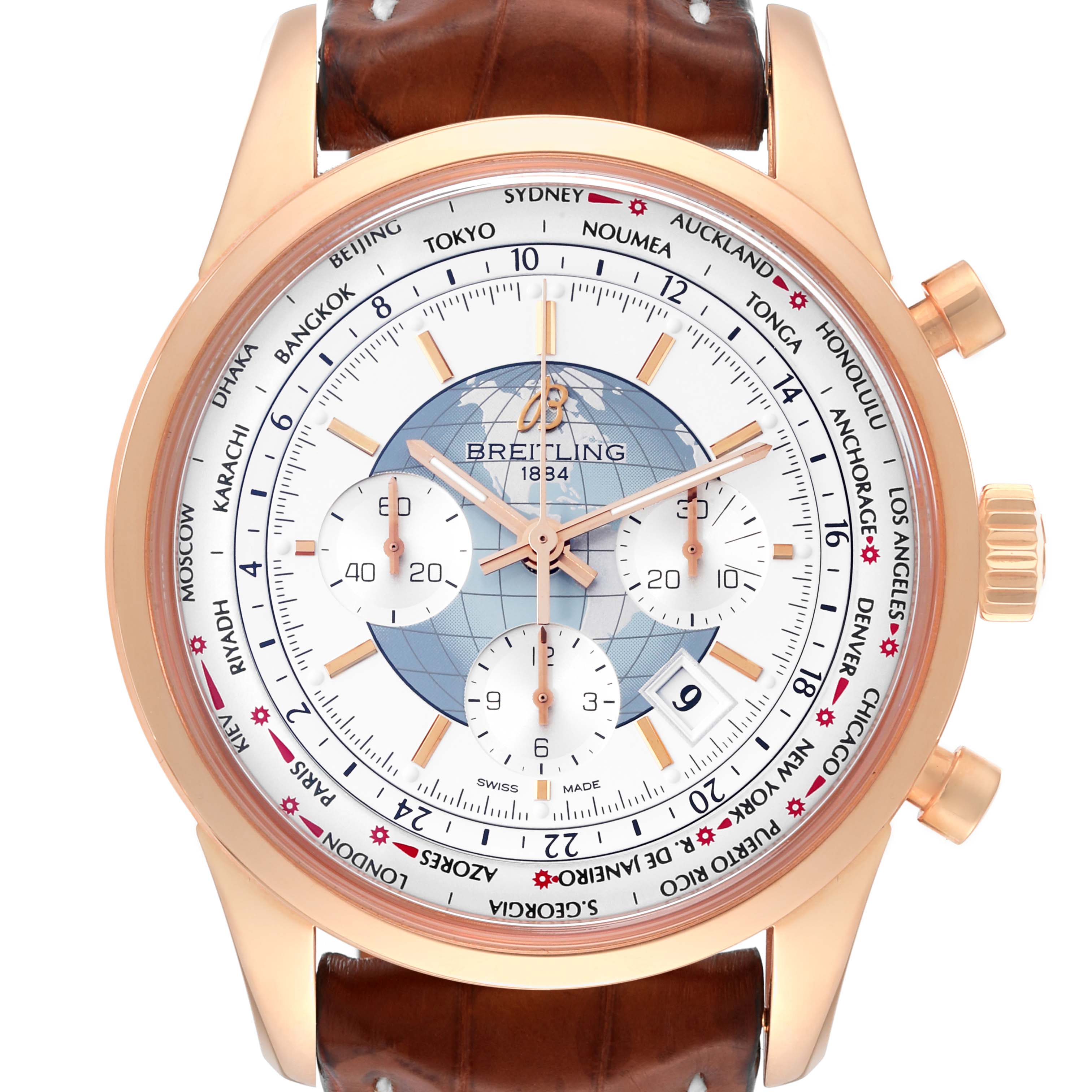 The image shows a close-up of the Breitling Transocean RB0510 Men's Rose Gold White Dial RB0510 Men's Rose Gold White Dial watch, highlighting the dial, case, hands, and brown leather strap.