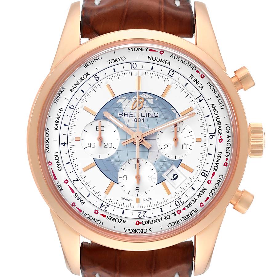 Breitling Transocean Chronograph Unitime Rose Gold Mens Watch RB0510 SwissWatchExpo