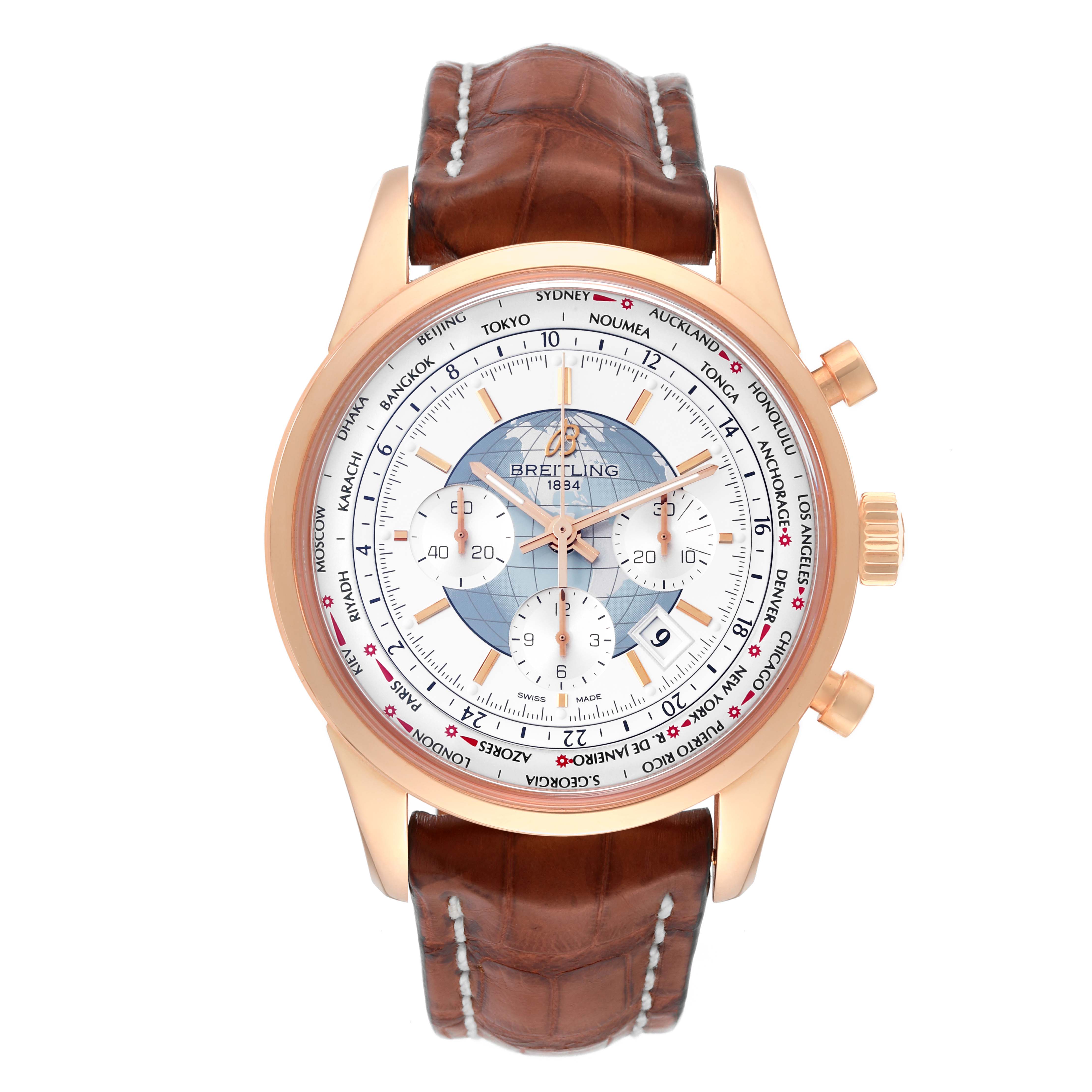 The image shows a front view of a Breitling Transocean RB0510 Men's Rose Gold White Dial RB0510 Men's Rose Gold White Dial watch, highlighting its dial, case, and leather strap.