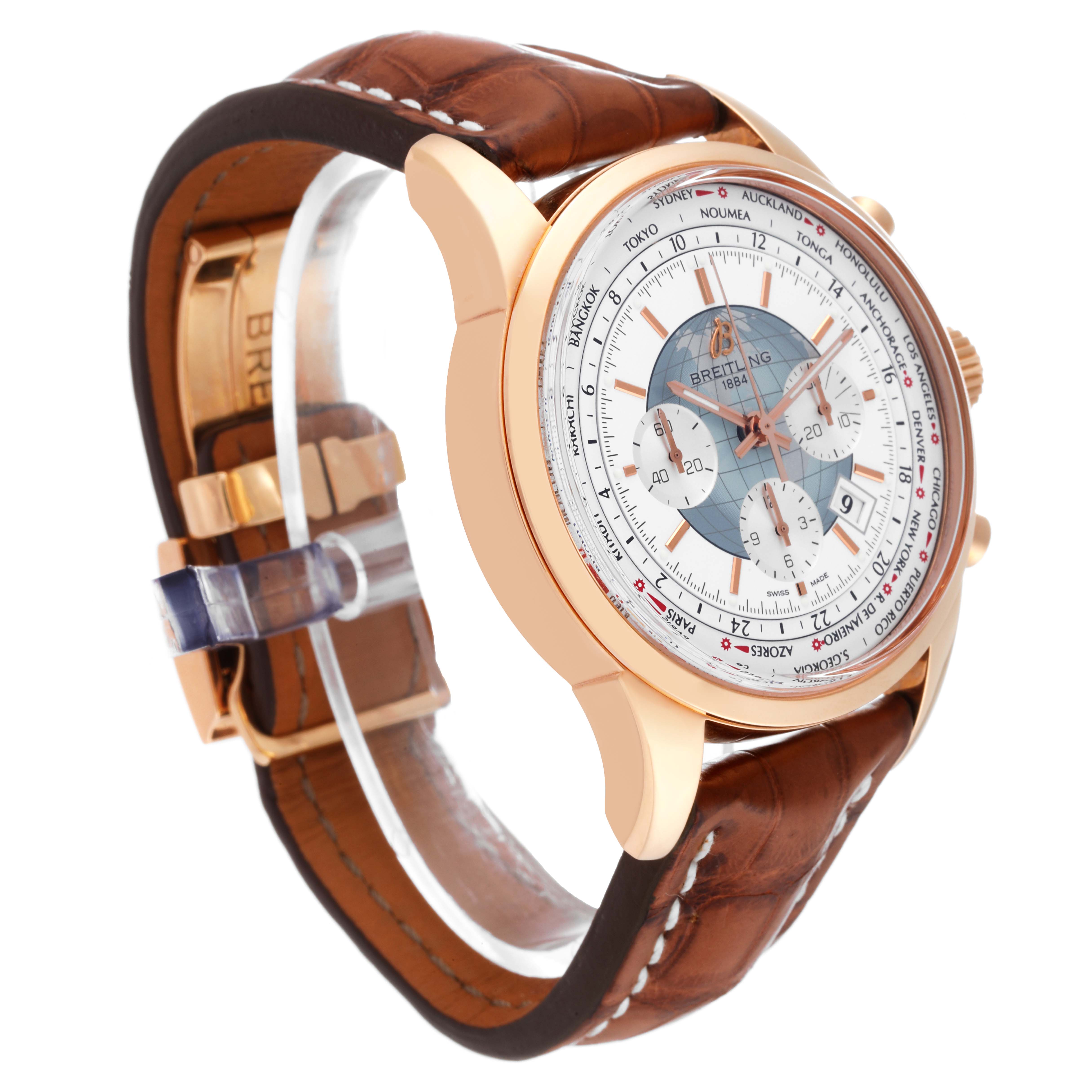 The Breitling Transocean RB0510 Men's Rose Gold White Dial RB0510 Men's Rose Gold White Dial watch is shown at an angle displaying the dial, bezel, crown, and side of the leather strap.