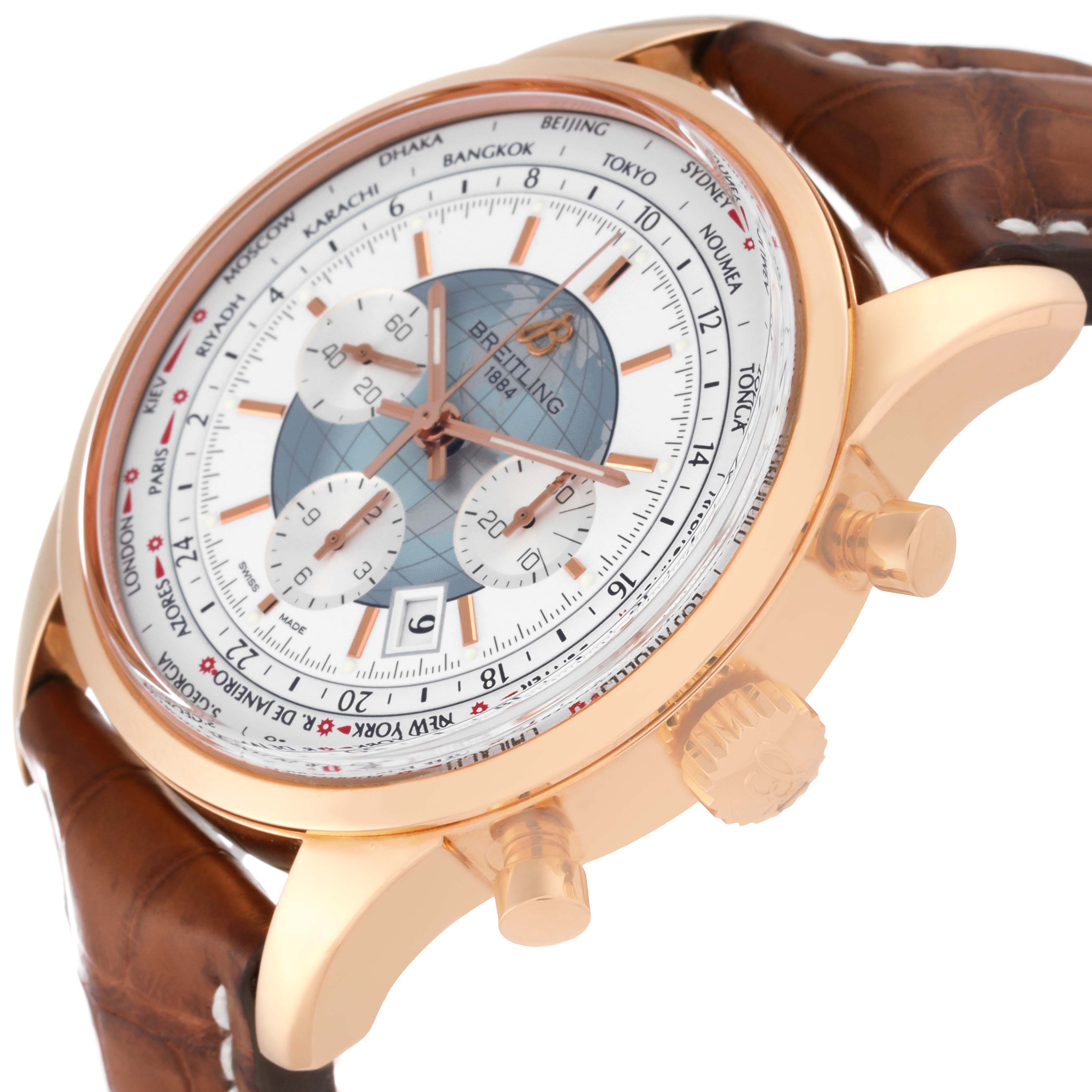 The image shows a close-up angled view of the Breitling Transocean RB0510 Men's Rose Gold White Dial RB0510 Men's Rose Gold White Dial watch, displaying the face, crown, pushers, and part of the strap.