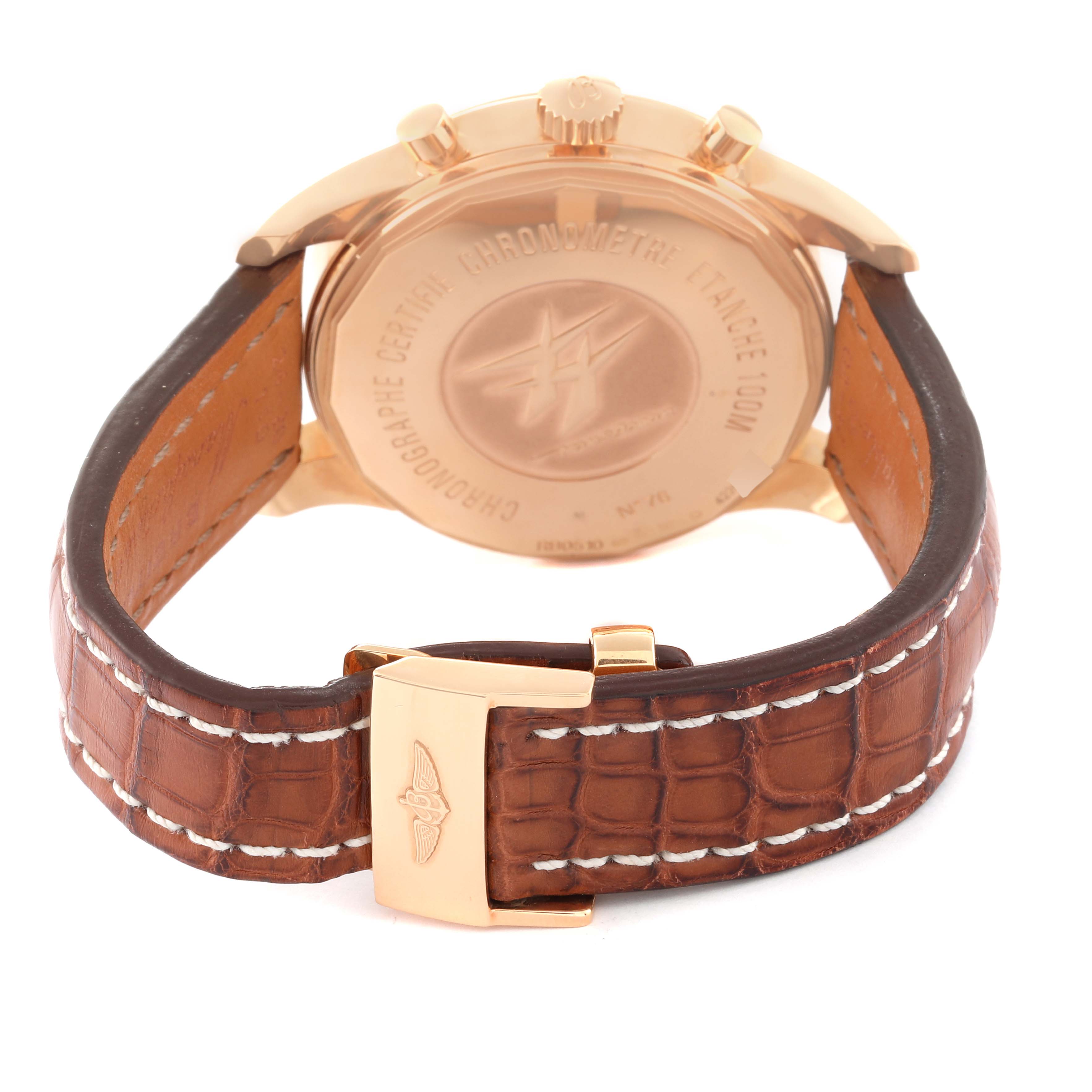 The image shows the back case and strap of a Breitling Transocean RB0510 Men's Rose Gold White Dial RB0510 Men's Rose Gold White Dial watch from a rear angle.