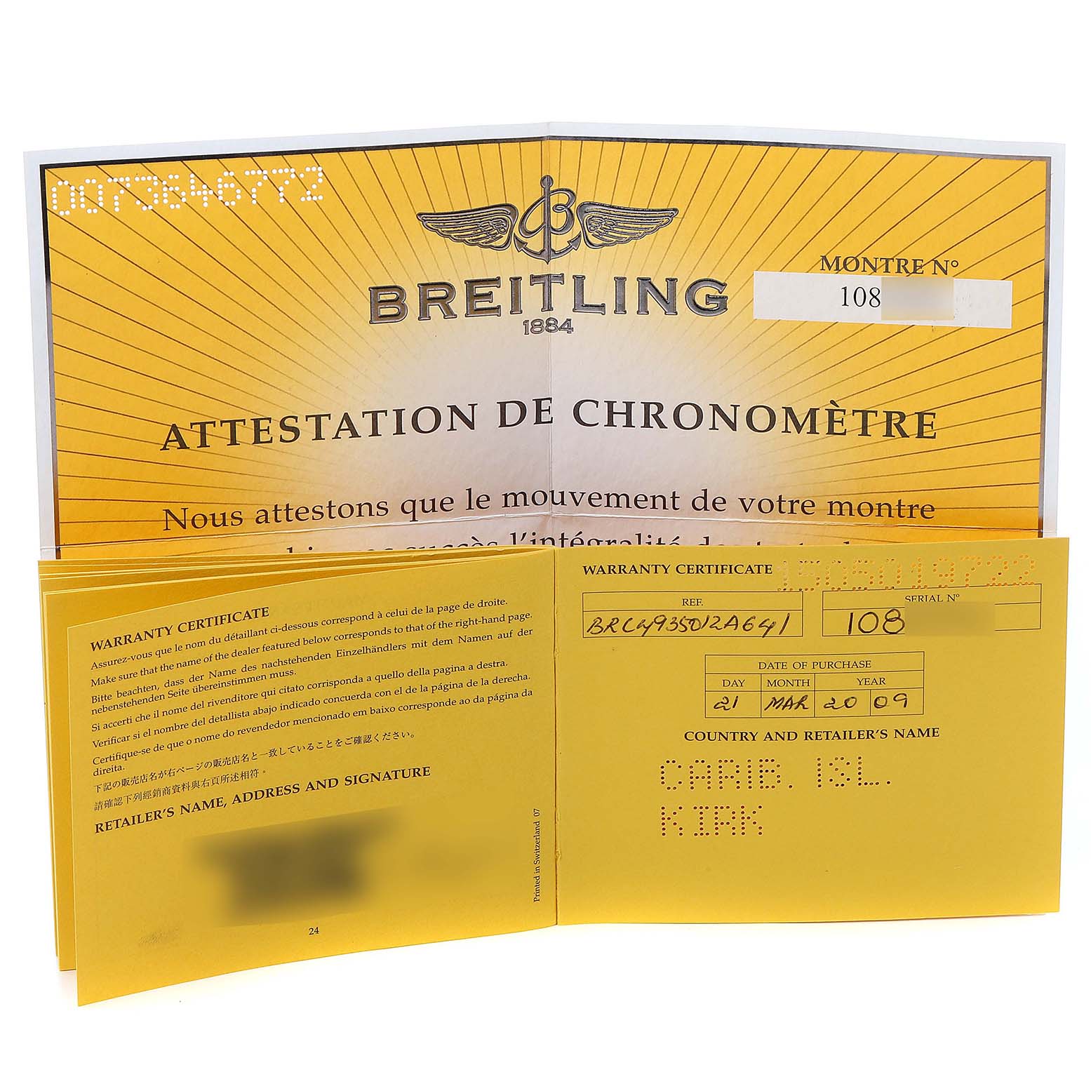 The image shows the warranty certificate and chronometer attestation for a Breitling Windrider C49350 Men
s Steel and Gold (two tone) Mother of Pearl Dial C49350 Men
s Steel and Gold (two tone) Mother of Pearl Dial watch.