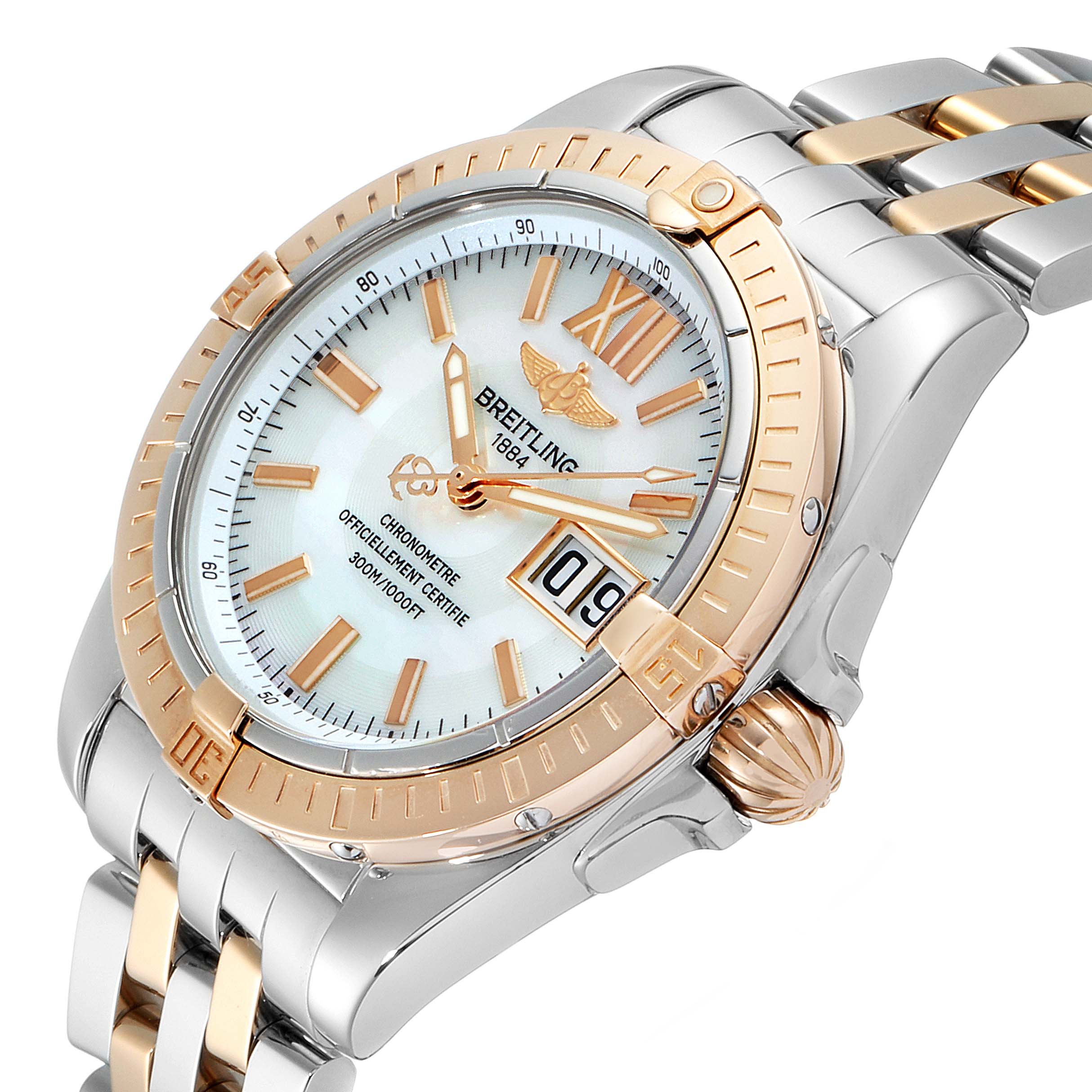 The Breitling Windrider C49350 Men
s Steel and Gold (two tone) Mother of Pearl Dial C49350 Men
s Steel and Gold (two tone) Mother of Pearl Dial watch is shown at a three-quarter angle, highlighting its bezel, face, band, and crown.