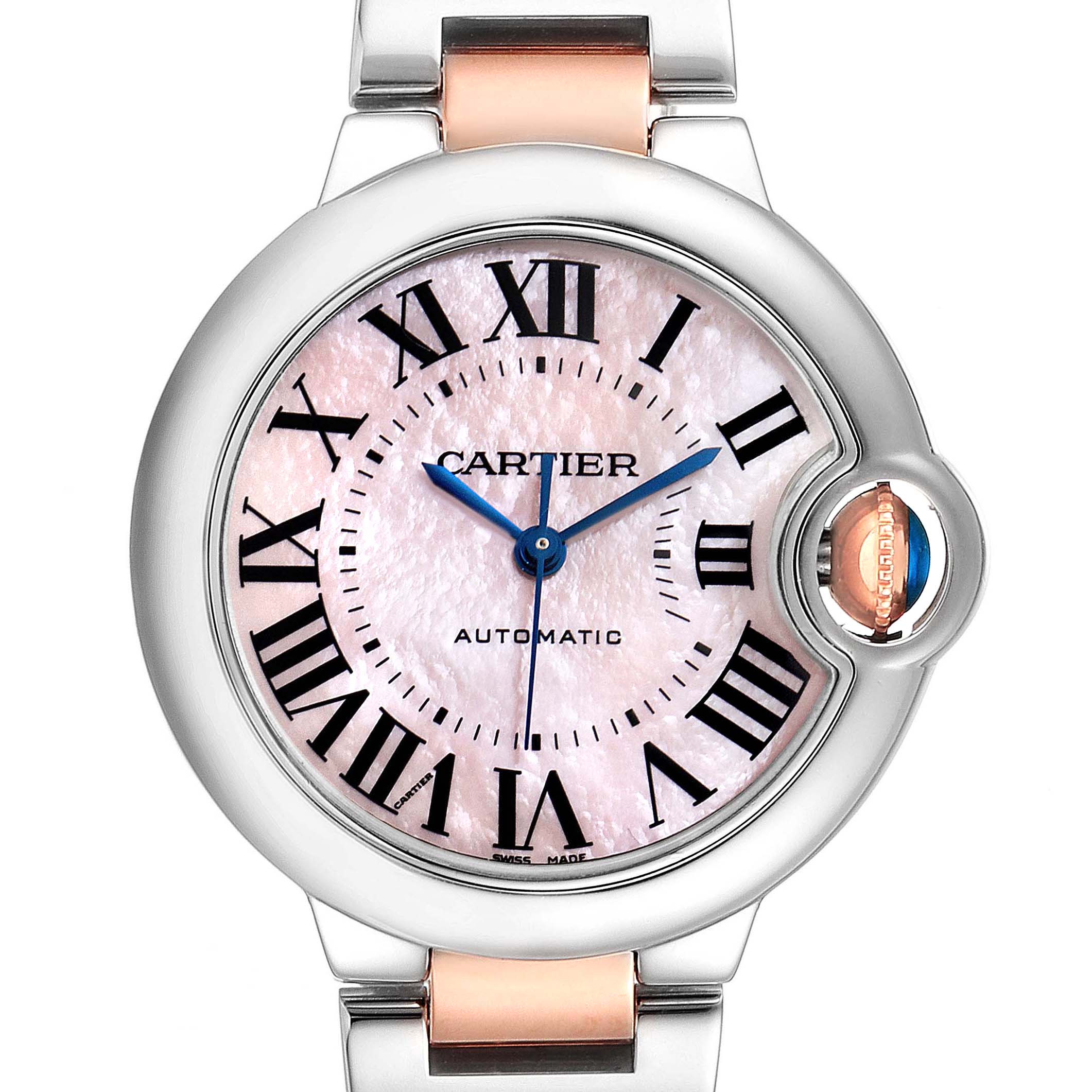 The image shows a front view of the Cartier Ballon Bleu W6920098 Women's Steel and Gold (two tone) Mother of Pearl Dial W6920098 Women's Steel and Gold (two tone) Mother of Pearl Dial watch, highlighting the dial, hands, crown, and part of the bracelet.