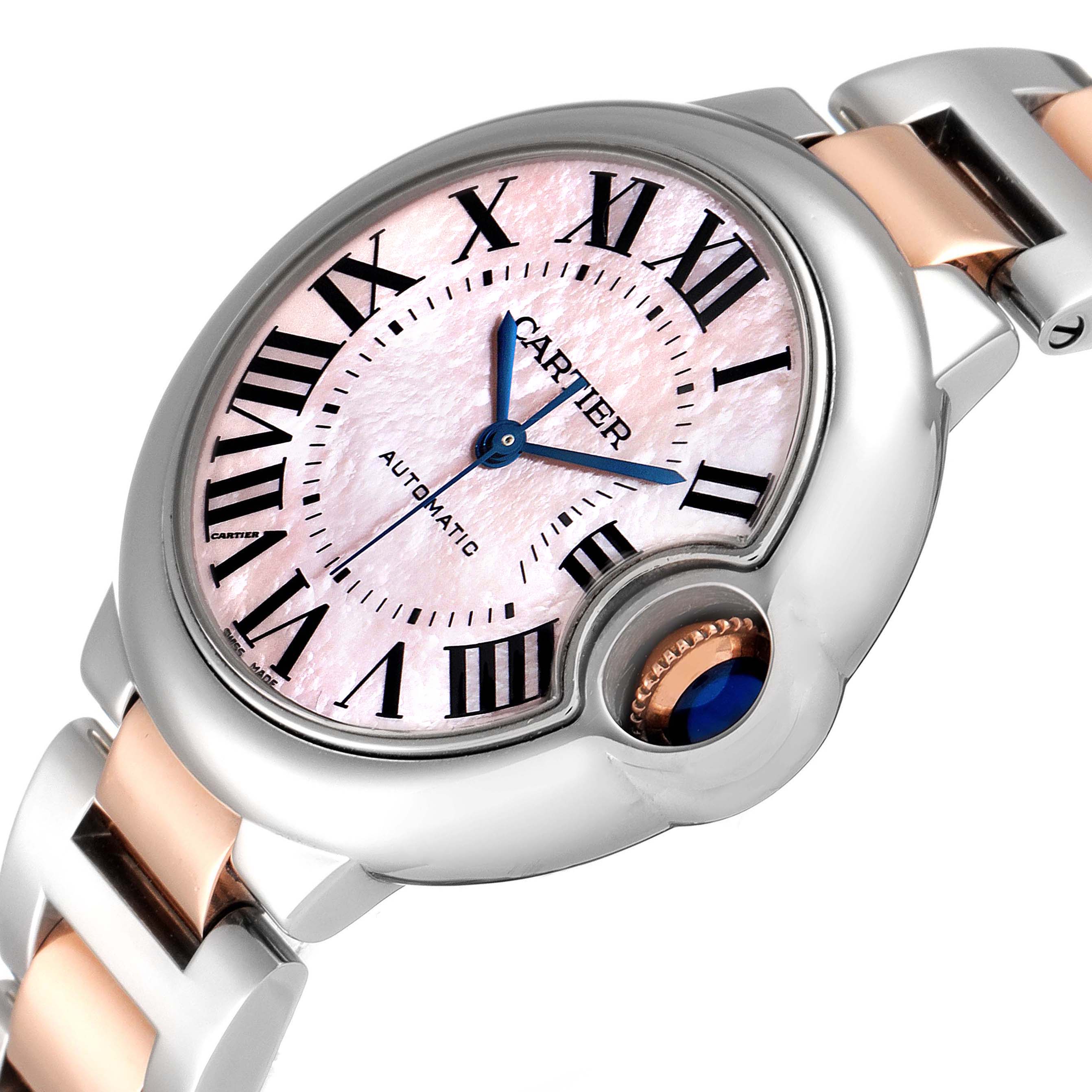 The image shows a close-up, angled view of the Cartier Ballon Bleu W6920098 Women's Steel and Gold (two tone) Mother of Pearl Dial W6920098 Women's Steel and Gold (two tone) Mother of Pearl Dial watch, highlighting the face, case, and part of the bracelet.