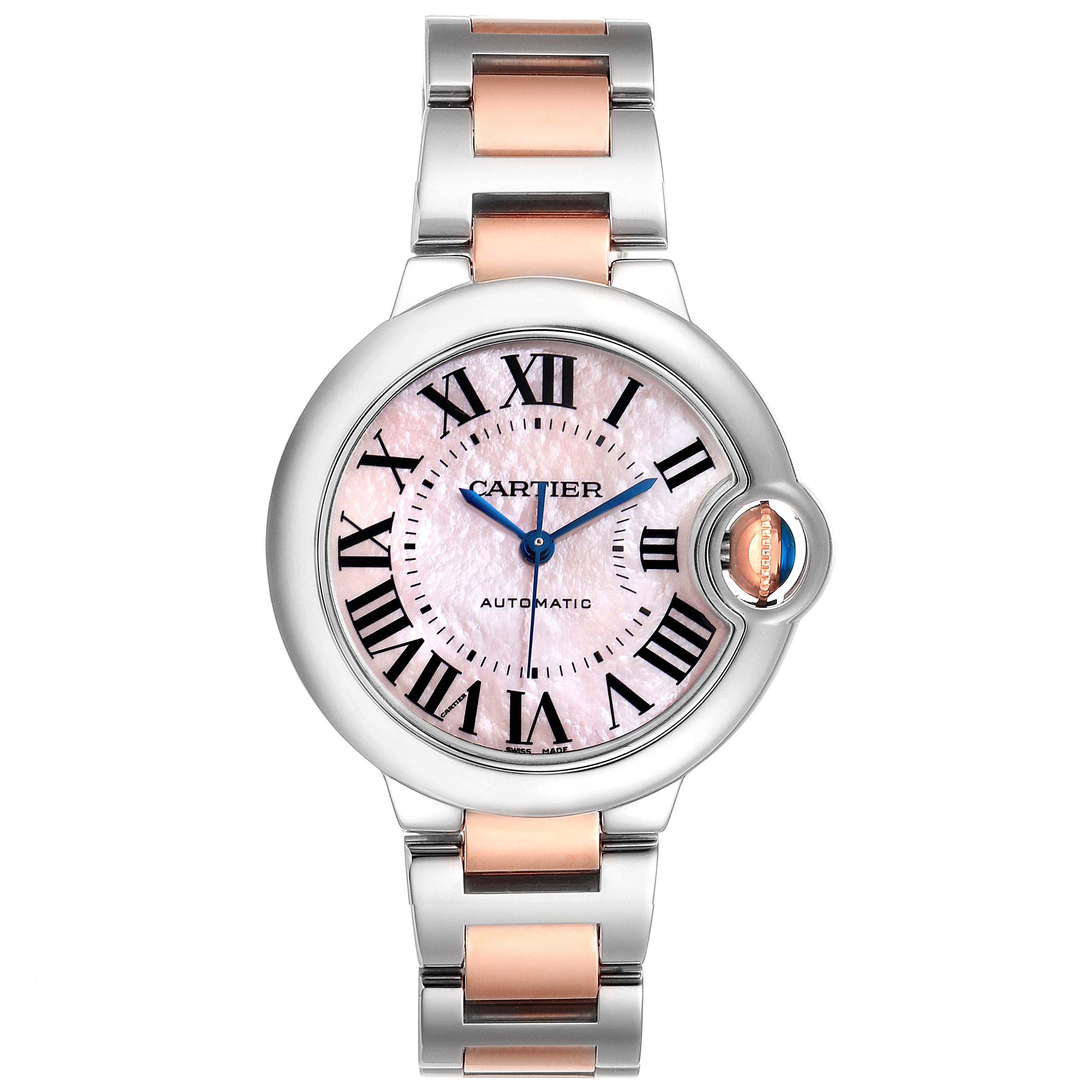 This image shows the face and bracelet of a Cartier Ballon Bleu W6920098 Women's Steel and Gold (two tone) Mother of Pearl Dial W6920098 Women's Steel and Gold (two tone) Mother of Pearl Dial watch viewed from the front.