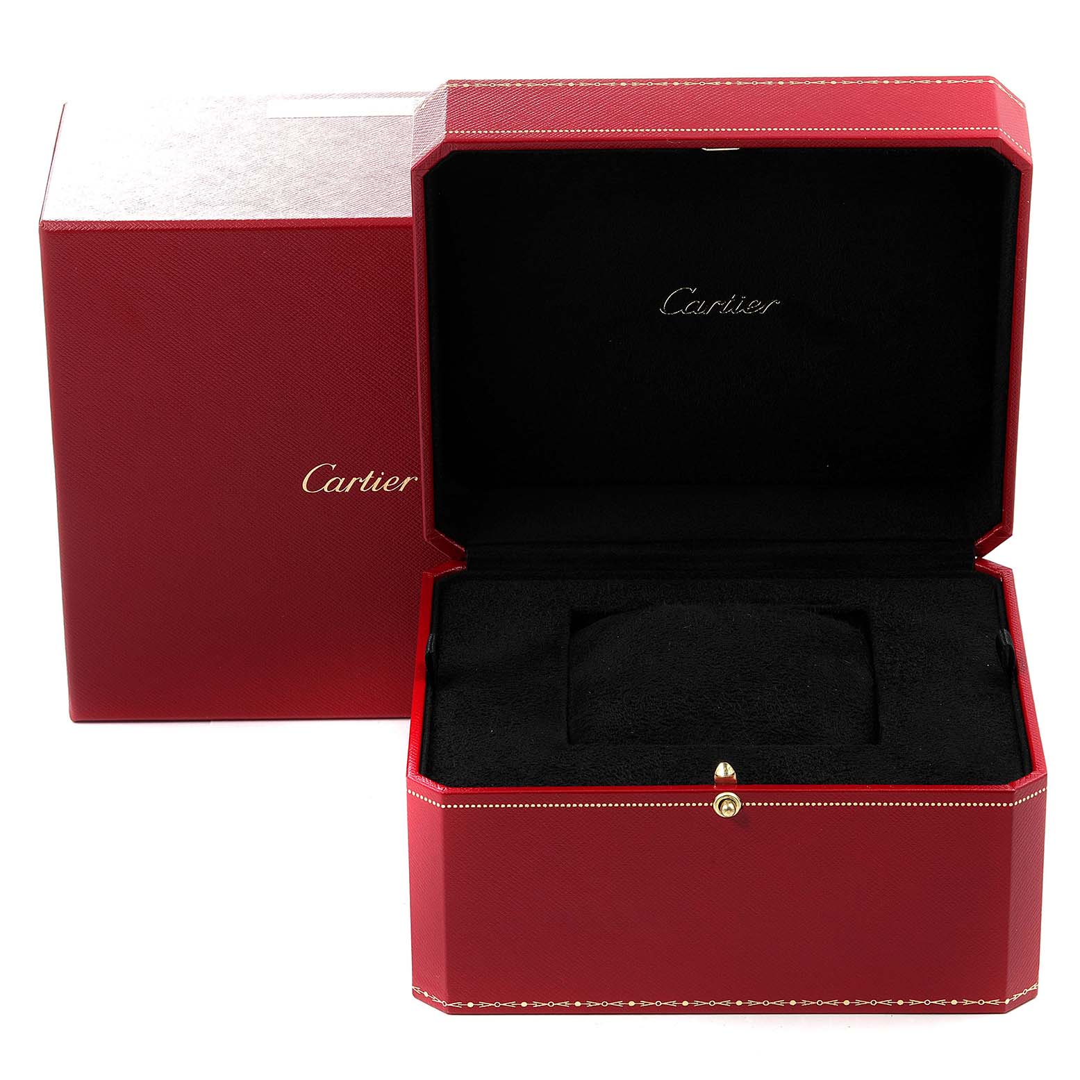 This image shows the open red presentation box for the Ballon Bleu model by Cartier.