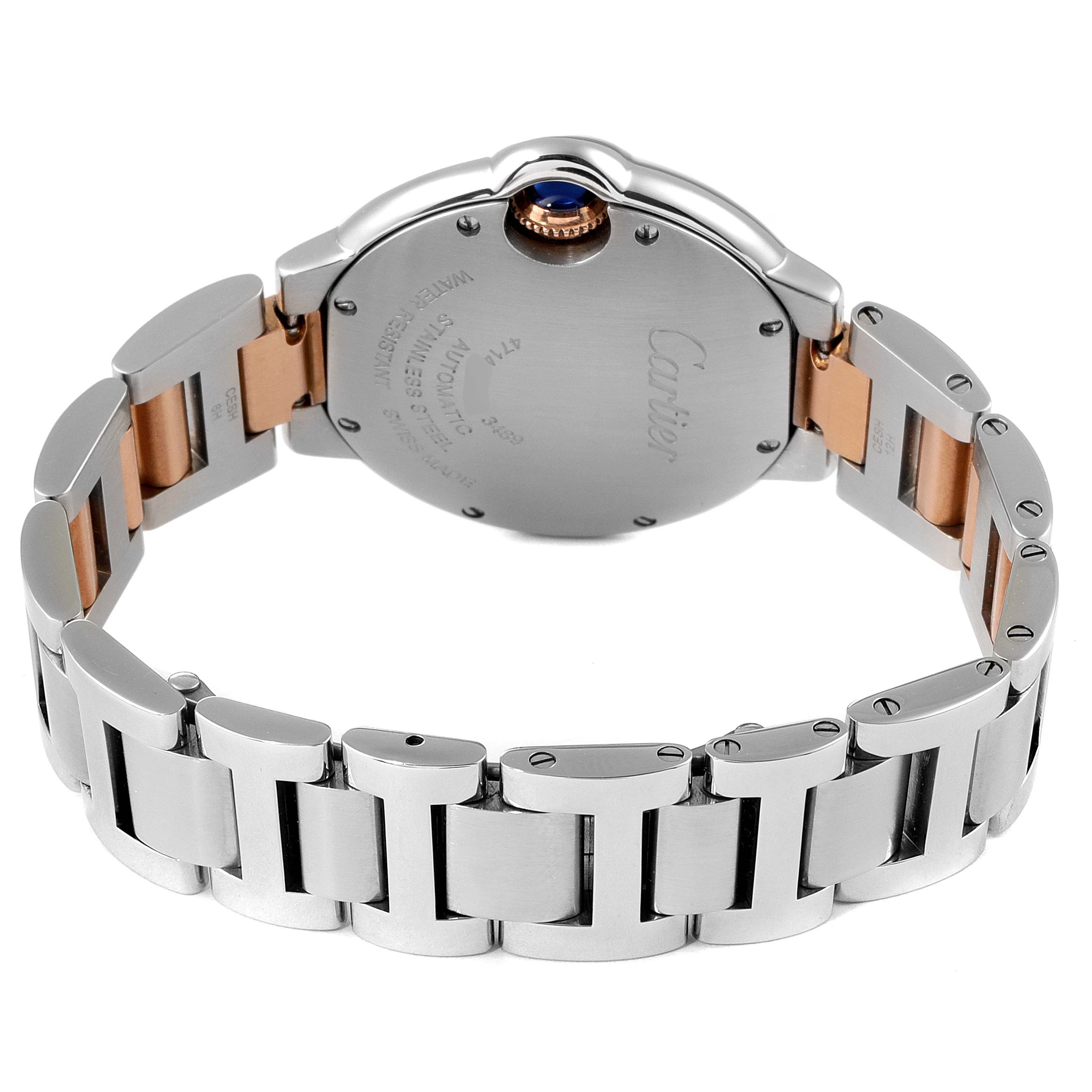 The image shows the backside and bracelet of a Cartier Ballon Bleu W6920098 Women's Steel and Gold (two tone) Mother of Pearl Dial W6920098 Women's Steel and Gold (two tone) Mother of Pearl Dial watch, highlighting the back case and two-tone metal links.
