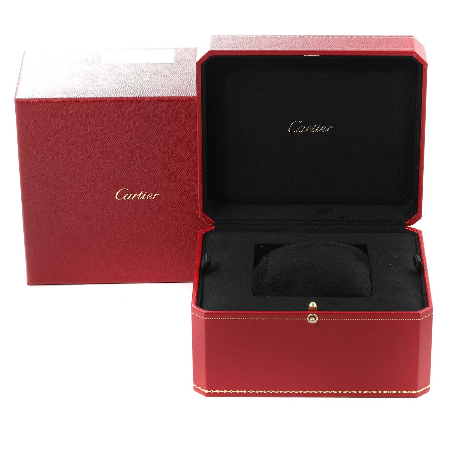 This image shows an open Cartier Ballon Bleu W3BB0018 Women's Steel and Gold (two tone) Silver Dial W3BB0018 Women's Steel and Gold (two tone) Silver Dial watch box in red, with the watch pillow inside and an outer box.