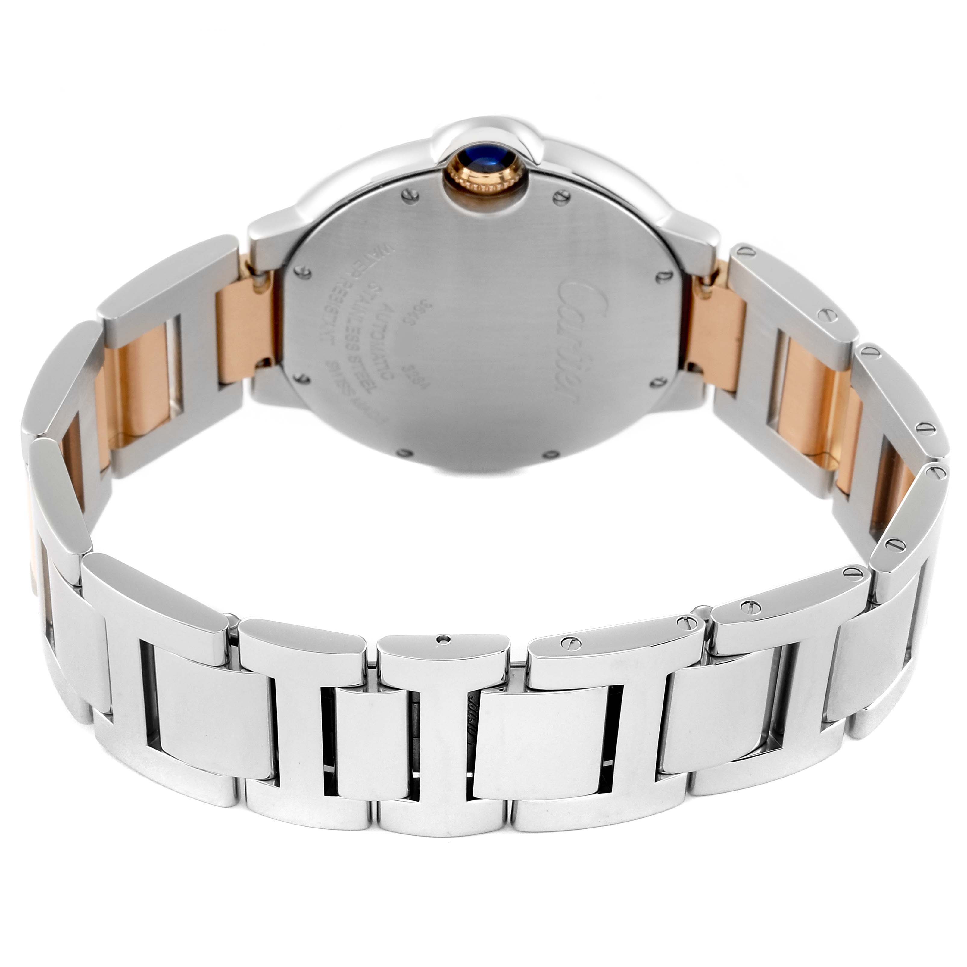 This image shows the back and partial bracelet of a Cartier Ballon Bleu W3BB0018 Women's Steel and Gold (two tone) Silver Dial W3BB0018 Women's Steel and Gold (two tone) Silver Dial watch, focusing on its clasp and case back.