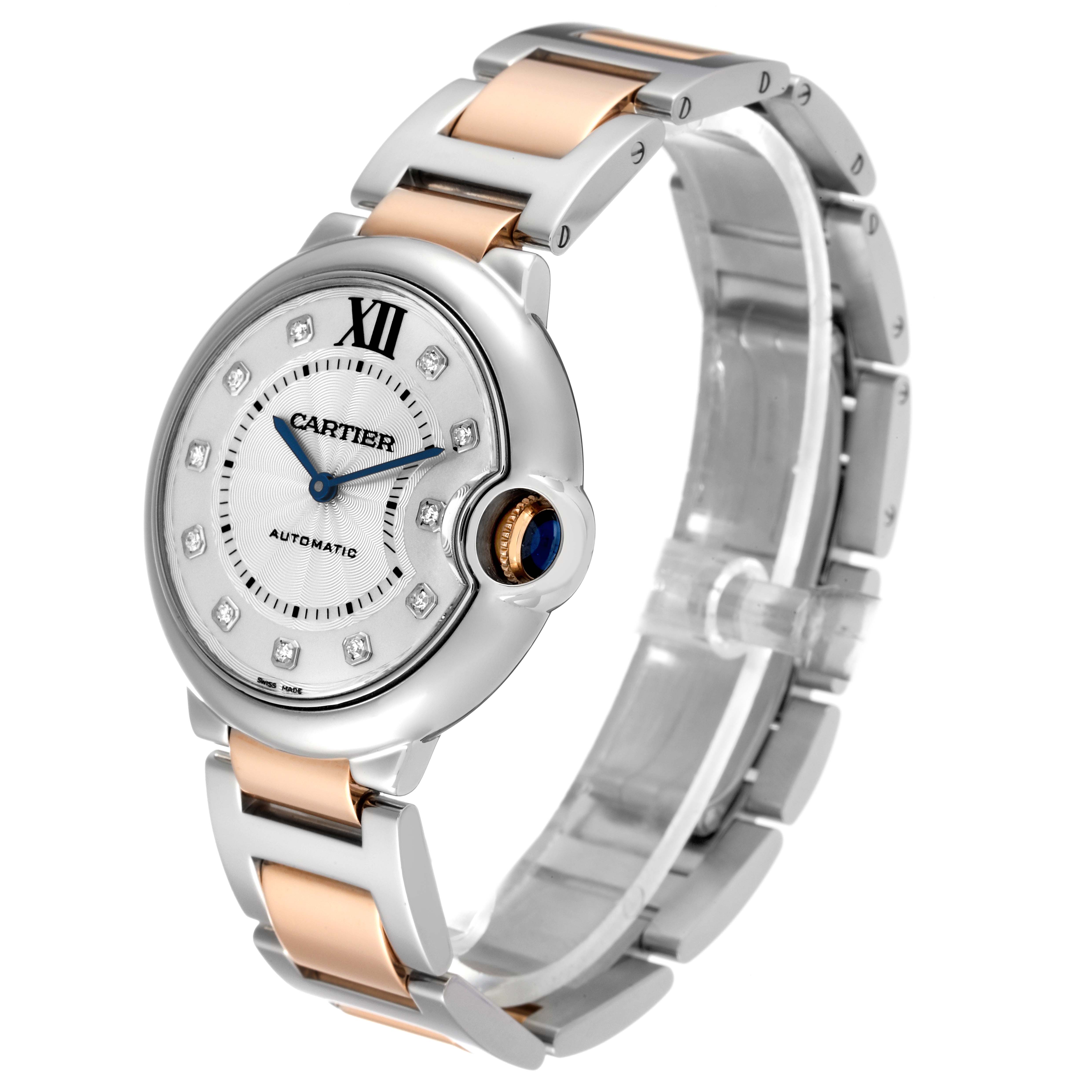 The Cartier Ballon Bleu W3BB0018 Women's Steel and Gold (two tone) Silver Dial W3BB0018 Women's Steel and Gold (two tone) Silver Dial watch is shown from a three-quarter angle, highlighting its face, crown, and bracelet.