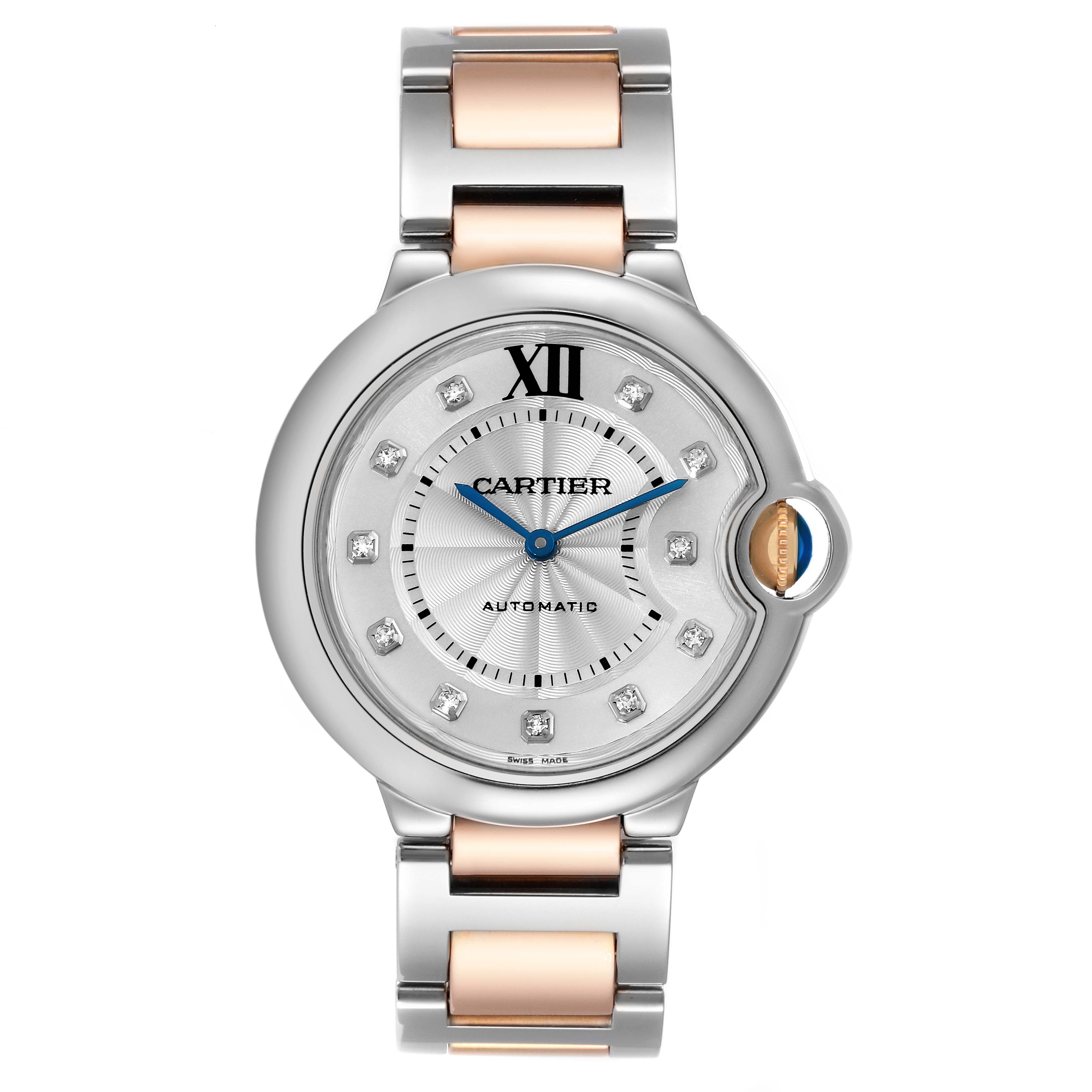 This image shows a front view of the Ballon Bleu watch by Cartier, featuring its face and bracelet.