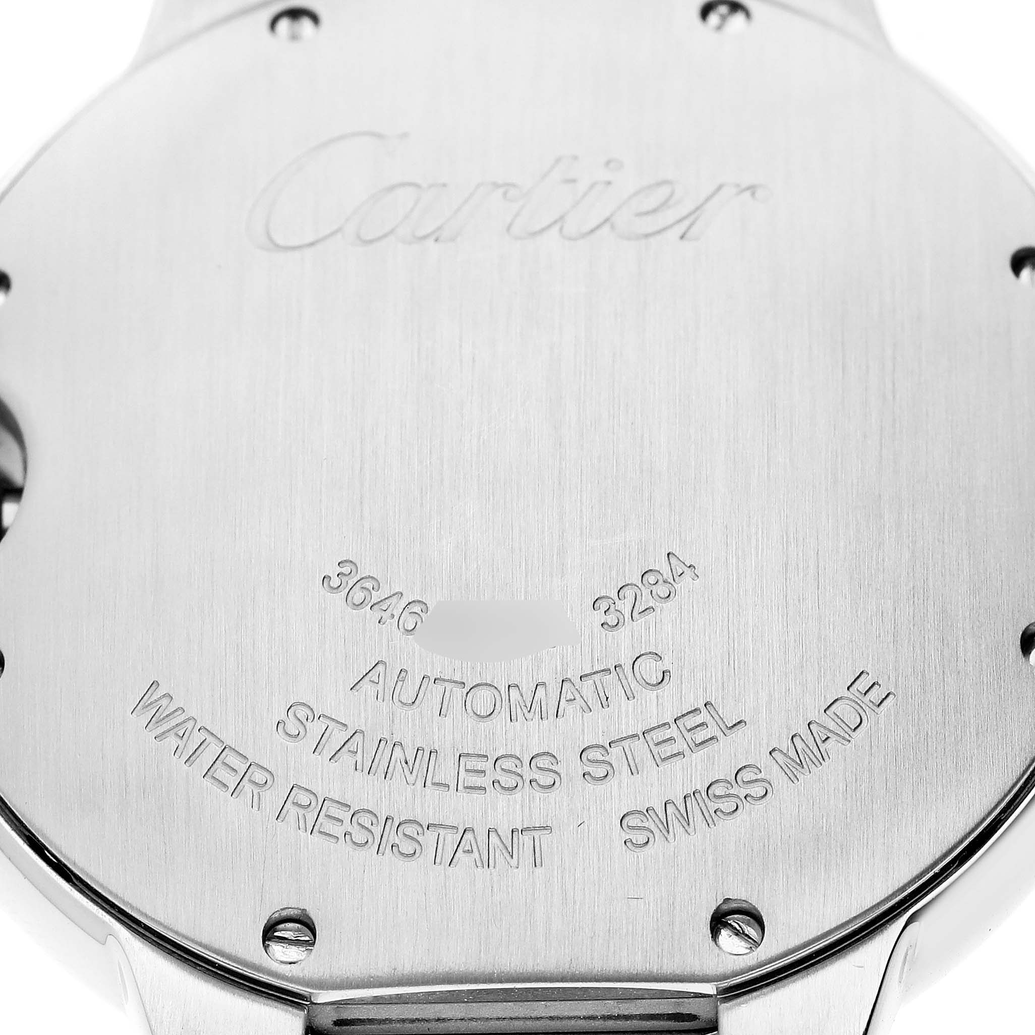 This image shows the case back of a Cartier Ballon Bleu W3BB0018 Women's Steel and Gold (two tone) Silver Dial W3BB0018 Women's Steel and Gold (two tone) Silver Dial watch, highlighting its engravings and specifications.