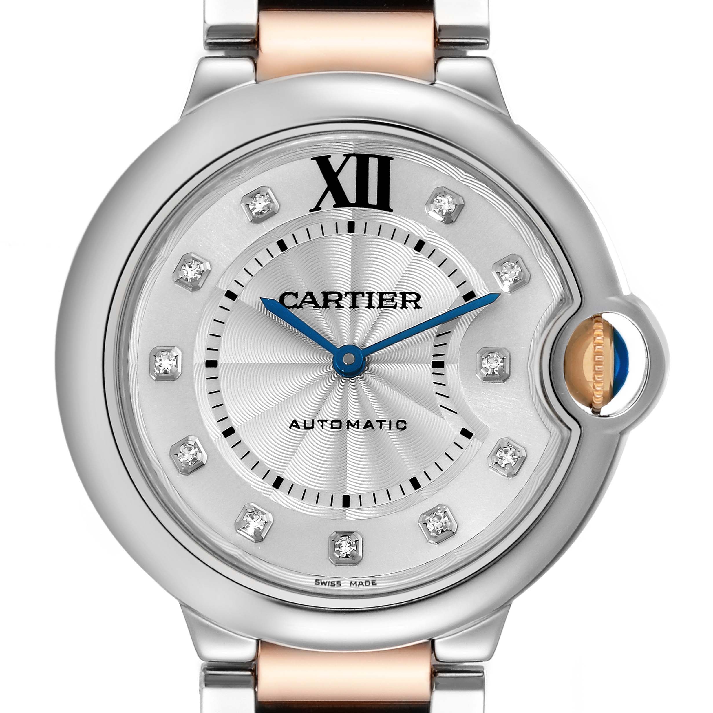 The image shows a close-up of the dial and bezel of the Cartier Ballon Bleu W3BB0018 Women's Steel and Gold (two tone) Silver Dial W3BB0018 Women's Steel and Gold (two tone) Silver Dial watch, featuring blue hands and diamond hour markers.