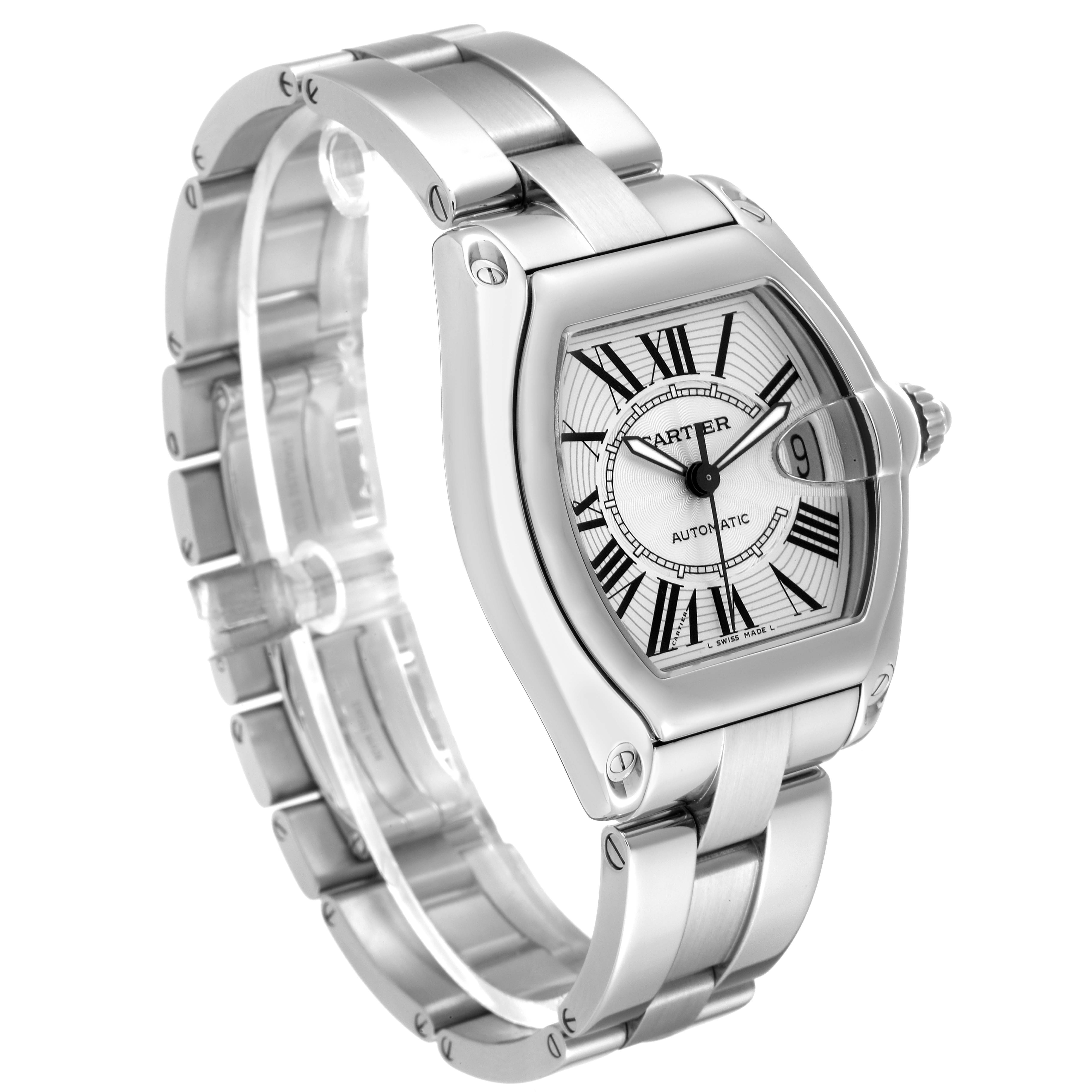 The image shows a Cartier Roadster W62000V3 Men's Stainless Steel Silver Dial W62000V3 Men's Stainless Steel Silver Dial model watch at an angled side view, highlighting its distinctive case, dial, and bracelet.