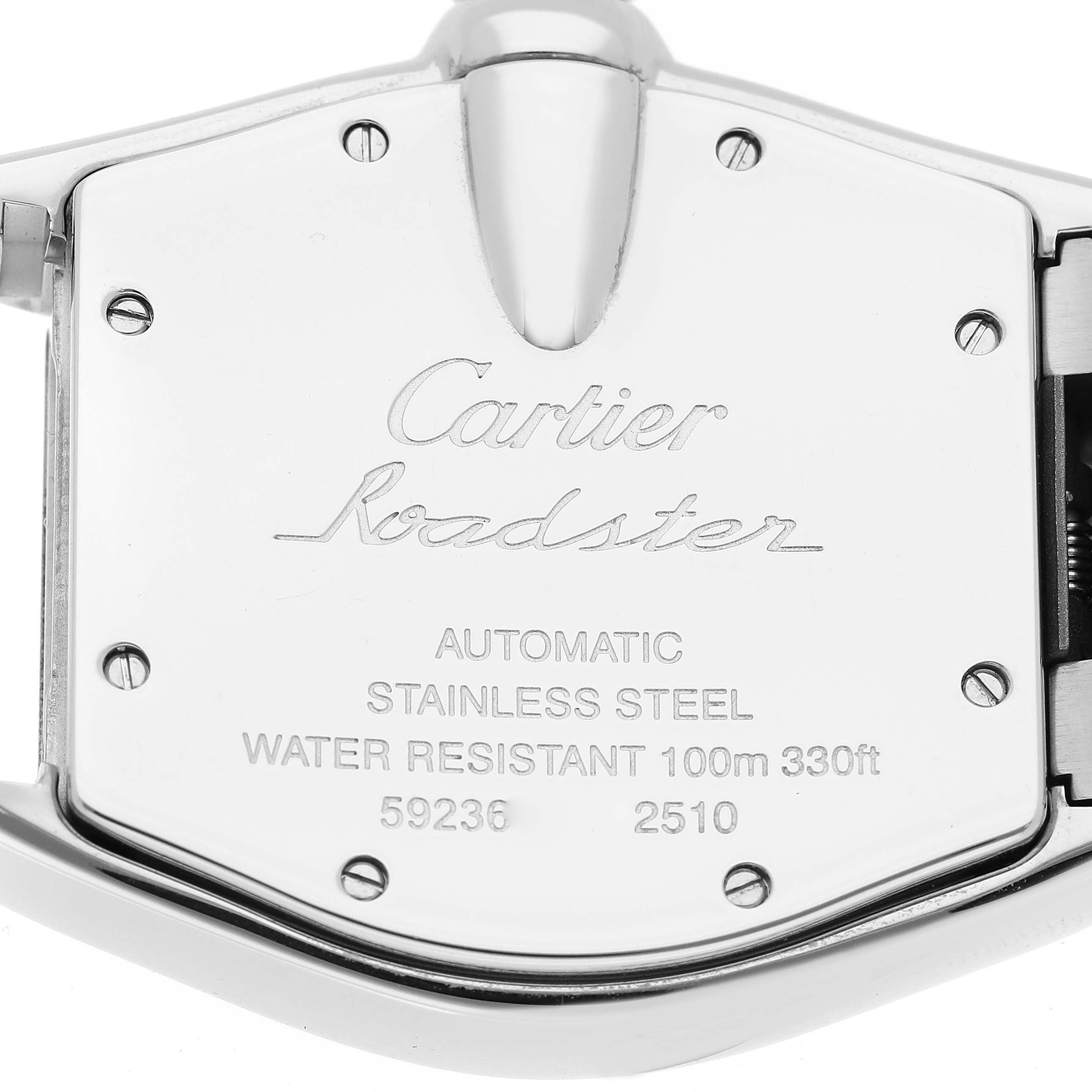 The image shows the back case of a Cartier Roadster W62000V3 Men's Stainless Steel Silver Dial W62000V3 Men's Stainless Steel Silver Dial watch, highlighting the engraving details and specifications.