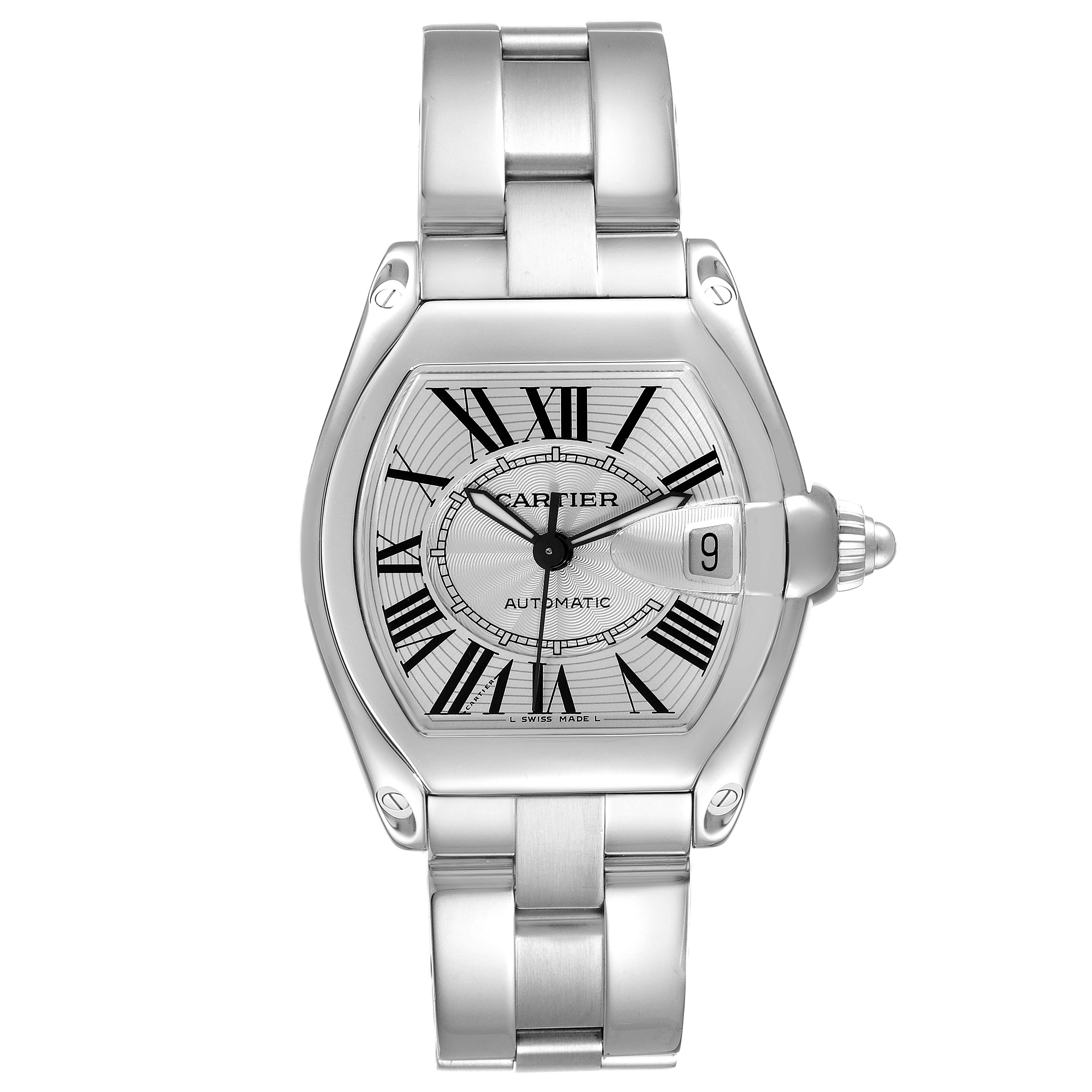 The image shows a front view of the Cartier Roadster W62000V3 Men's Stainless Steel Silver Dial W62000V3 Men's Stainless Steel Silver Dial watch, highlighting its face, bracelet, and crown.