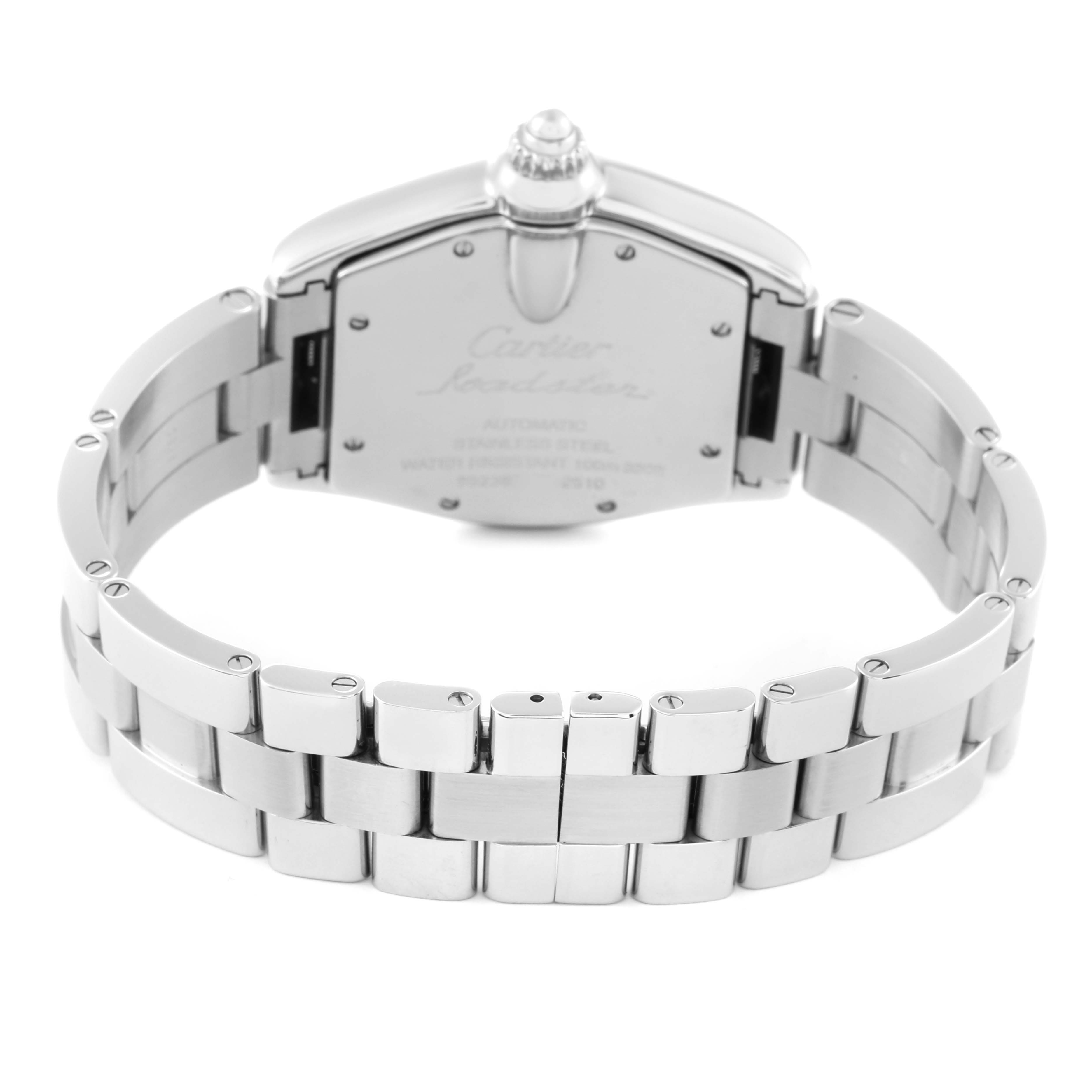 The image shows the back case and bracelet of a Cartier Roadster W62000V3 Men's Stainless Steel Silver Dial W62000V3 Men's Stainless Steel Silver Dial watch from a rear angle.