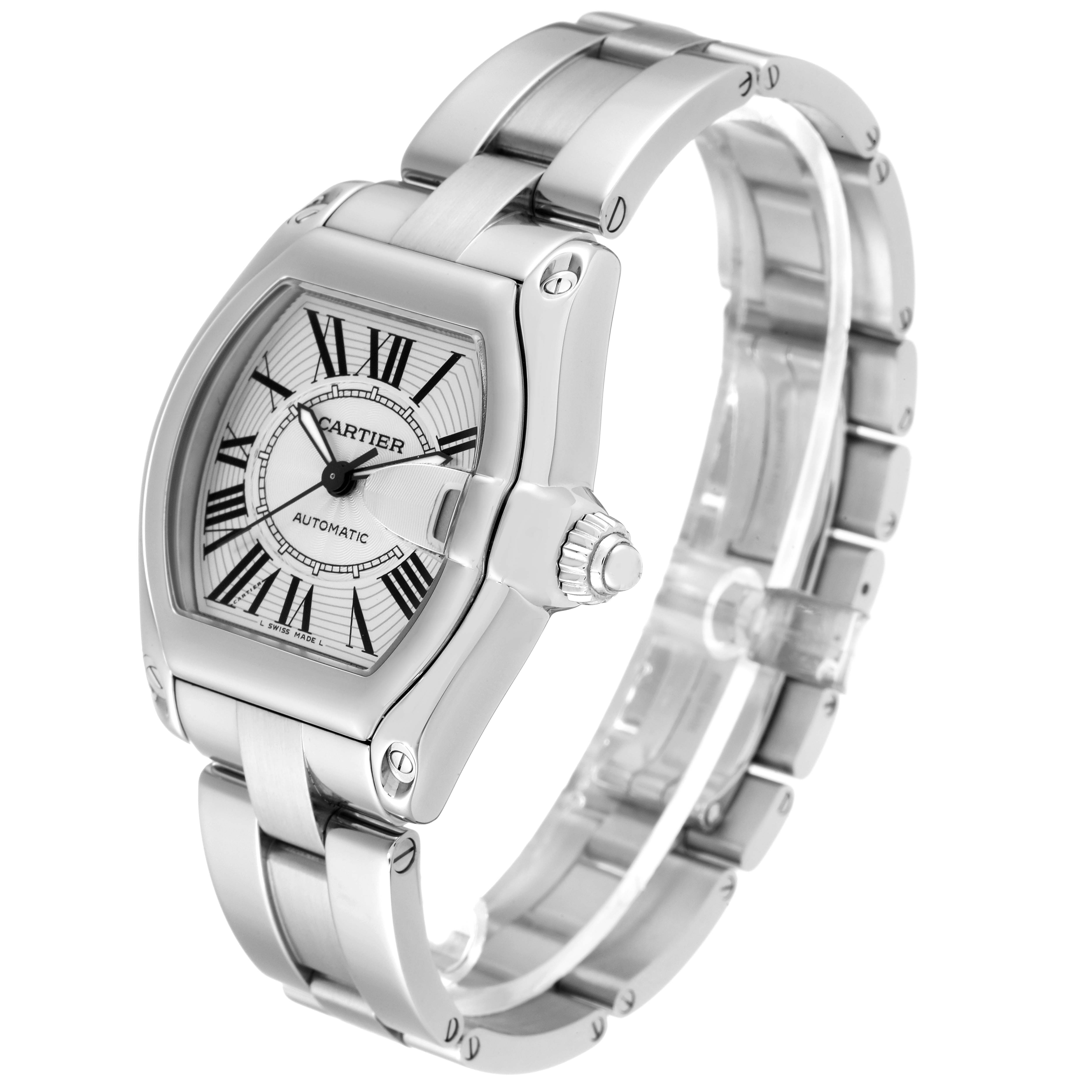 The image shows a Cartier Roadster W62000V3 Men's Stainless Steel Silver Dial W62000V3 Men's Stainless Steel Silver Dial watch angled to display its face, crown, and metal bracelet.