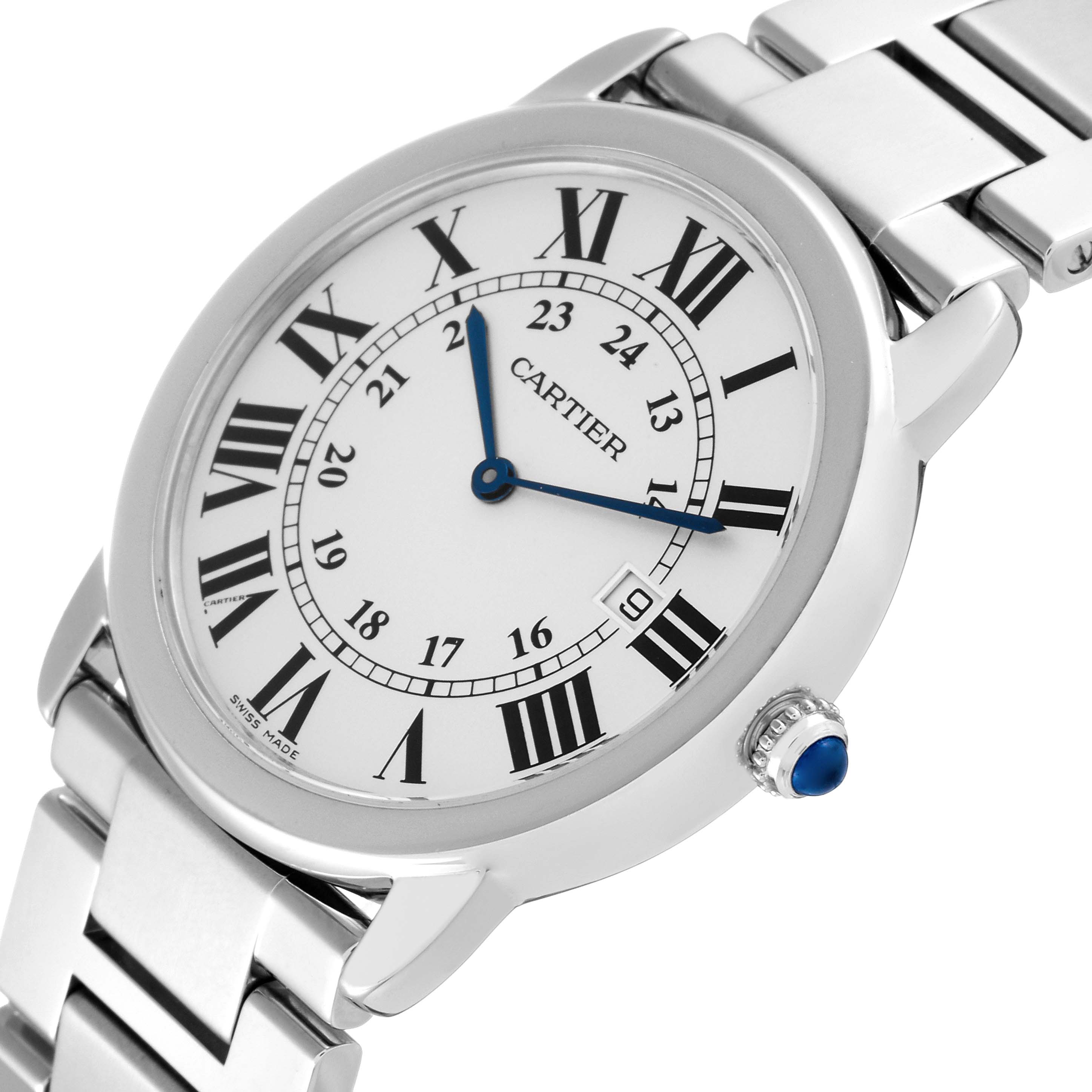 The image shows a Cartier Ronde W6701005 Men
s Stainless Steel Silver Dial W6701005 Men
s Stainless Steel Silver Dial watch at a three-quarter angle, highlighting the face, crown, and part of the metal bracelet.