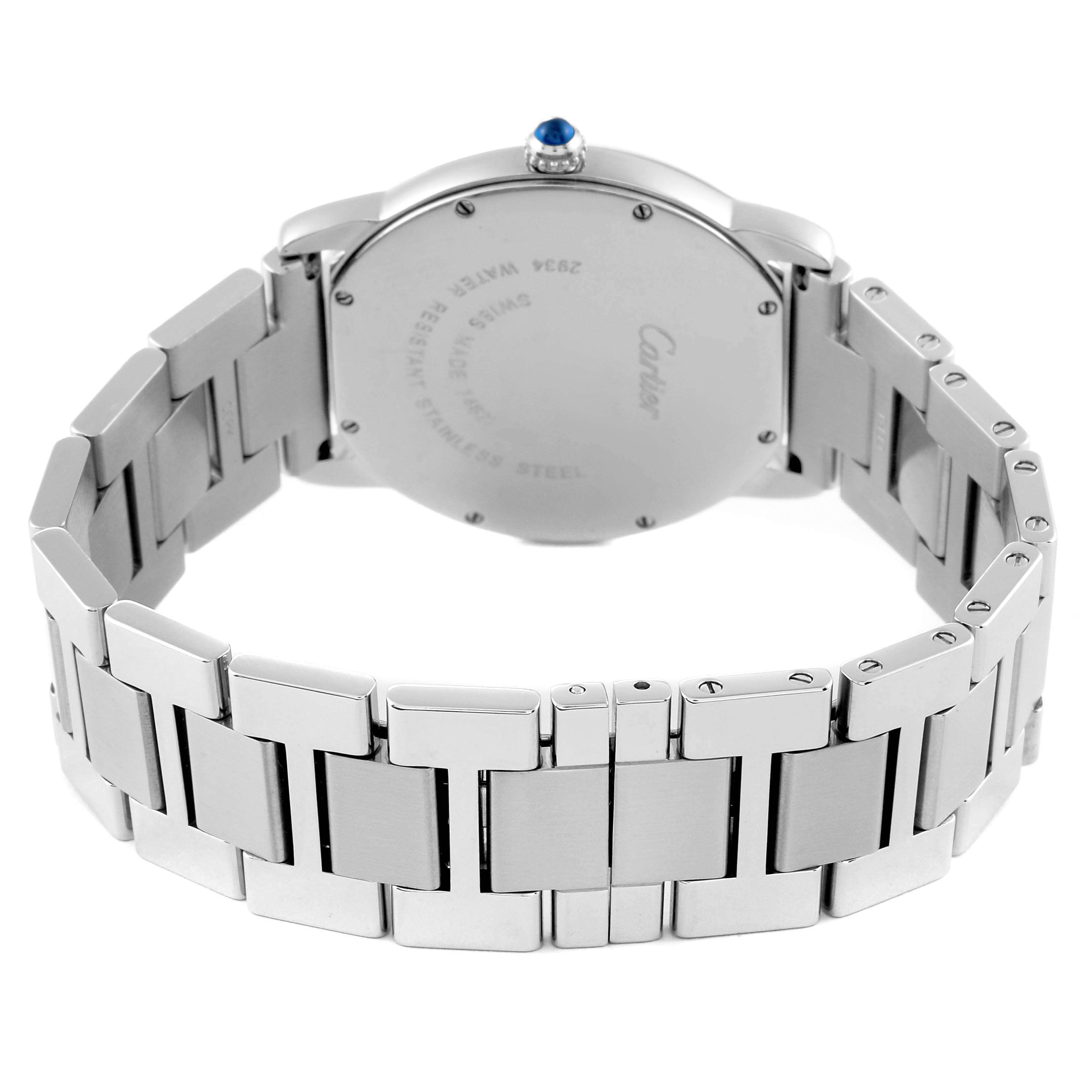 The image shows the back and bracelet of a Ronde model by Cartier at a rear angle, highlighting the metal links and caseback markings.