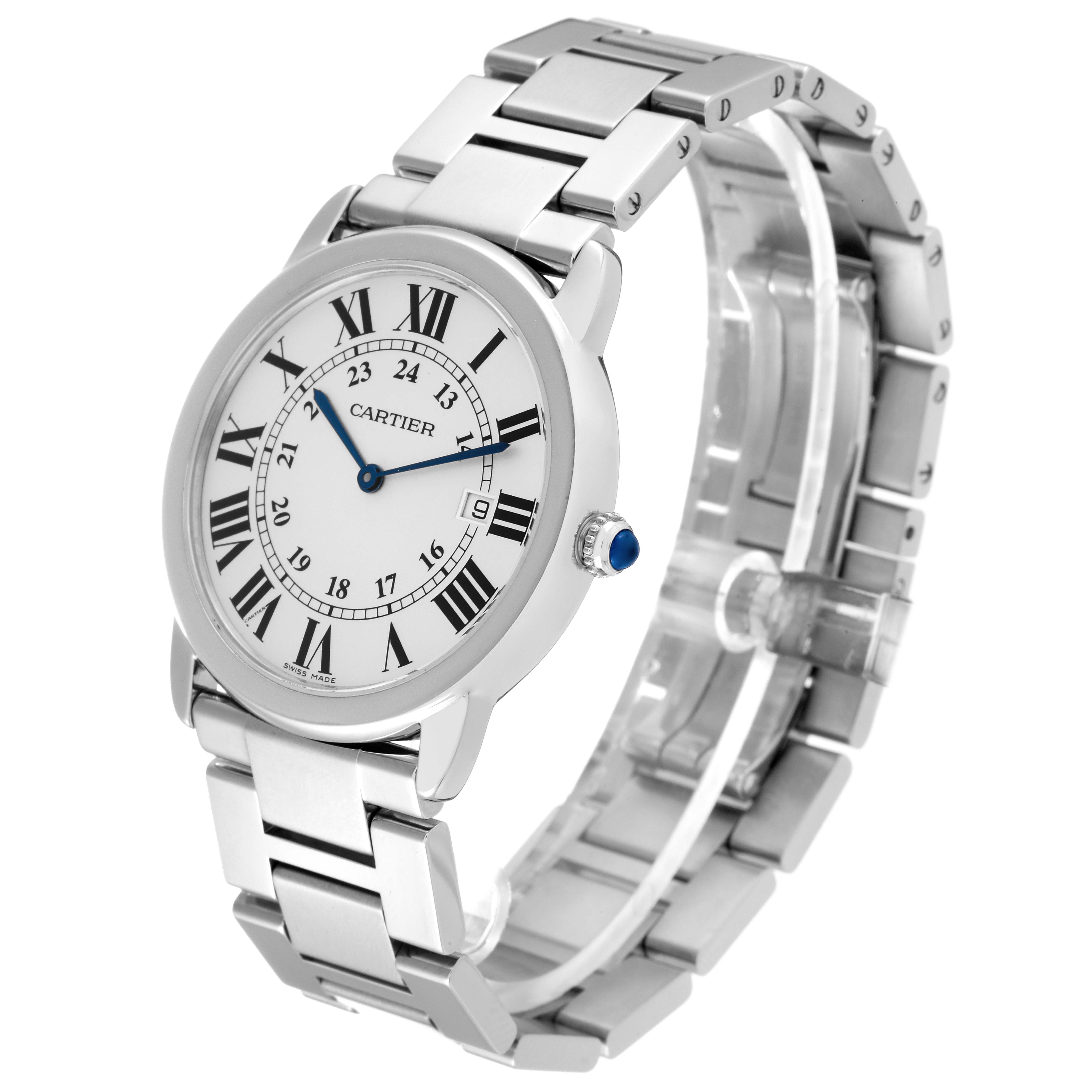 The Ronde model by Cartier is shown at a three-quarter angle, displaying the face, bracelet, and the crown with a blue cabochon.