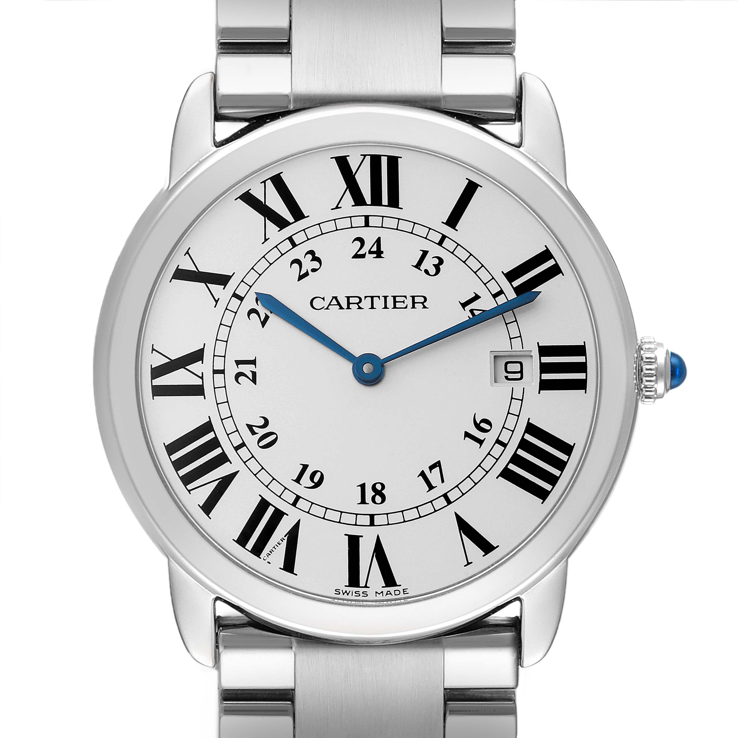 The image shows a front view of the Cartier Ronde W6701005 Men
s Stainless Steel Silver Dial W6701005 Men
s Stainless Steel Silver Dial watch, highlighting its dial, Roman numerals, date window, and metal bracelet.