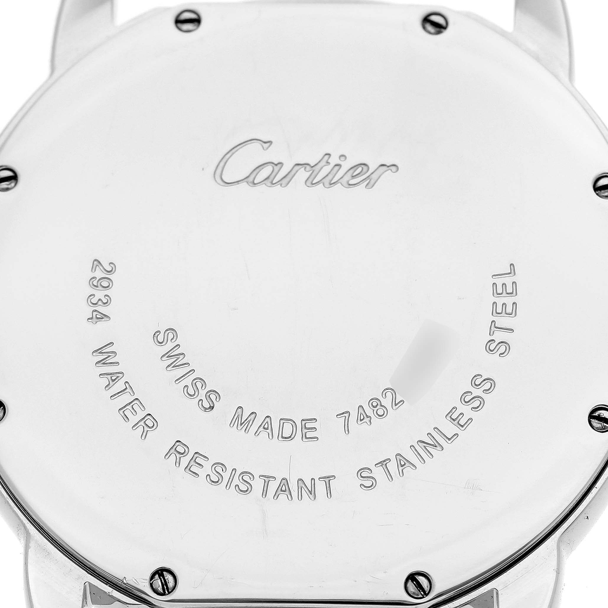 This image shows the back case of a Cartier Ronde W6701005 Men
s Stainless Steel Silver Dial W6701005 Men
s Stainless Steel Silver Dial watch, highlighting its engraving and stainless steel material.