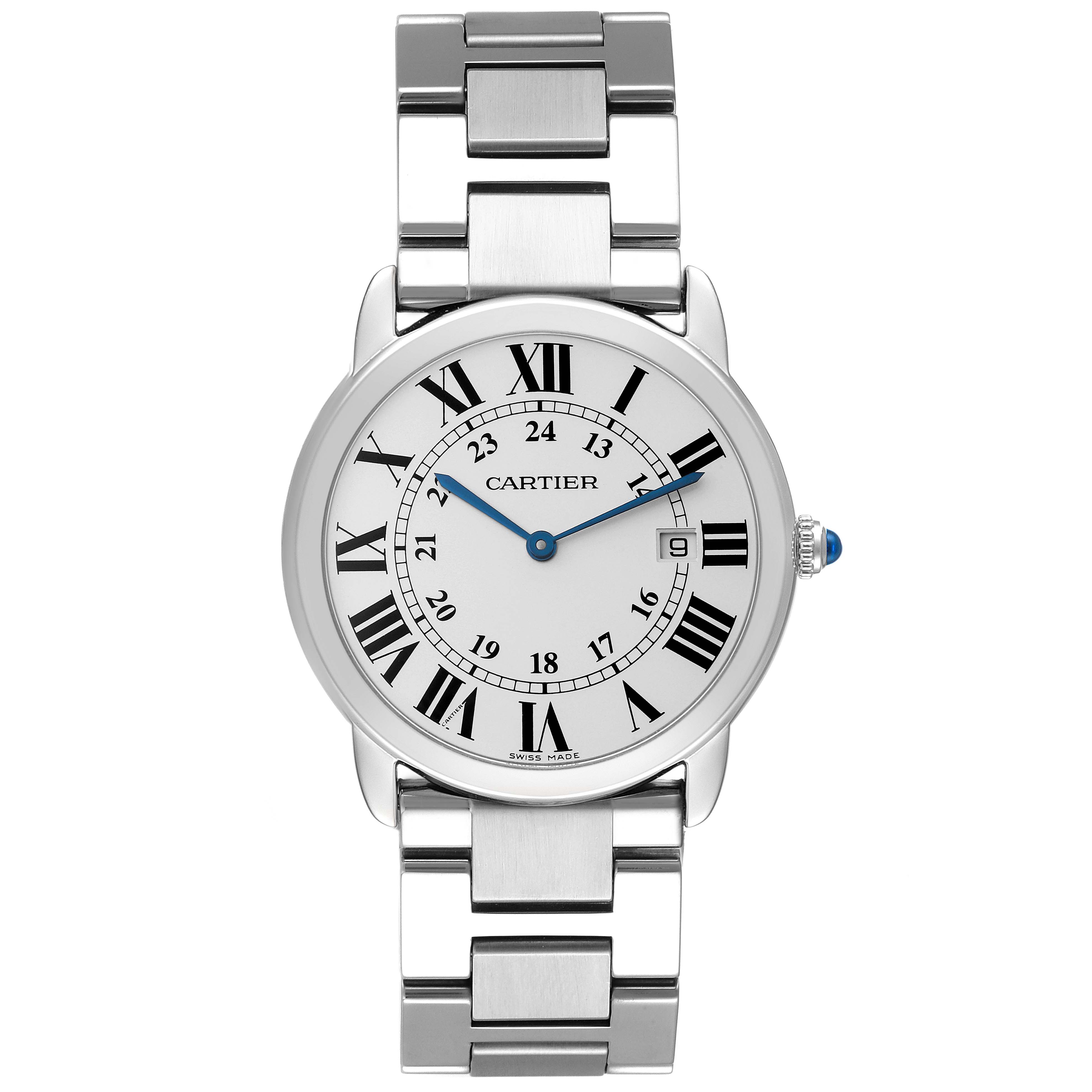 This image shows a front view of the Cartier Ronde W6701005 Men
s Stainless Steel Silver Dial W6701005 Men
s Stainless Steel Silver Dial model watch, featuring its face, bracelet, and crown.