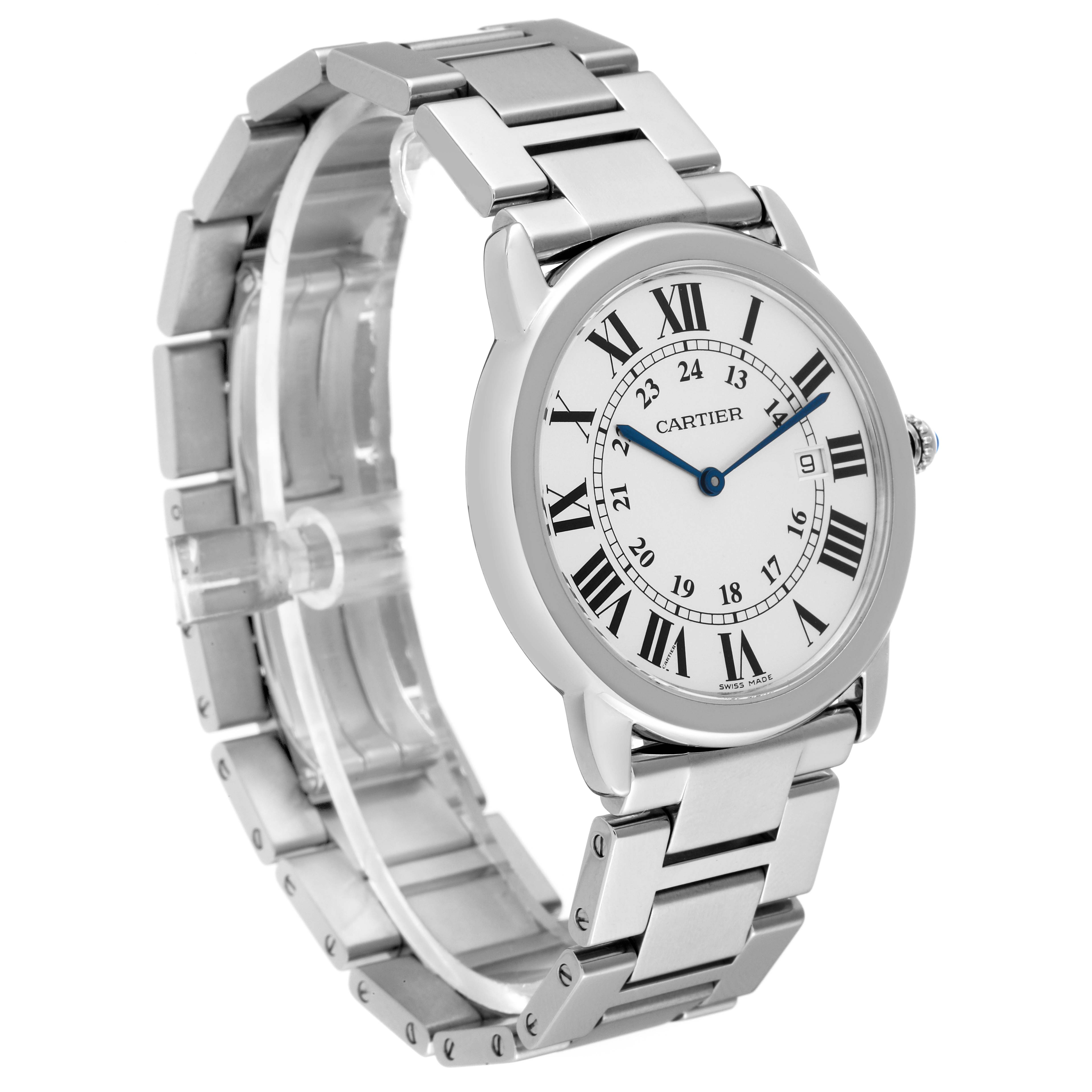 The Cartier Ronde W6701005 Men
s Stainless Steel Silver Dial W6701005 Men
s Stainless Steel Silver Dial watch is shown at a slight angle, showcasing its face, Roman numeral dial, metal bracelet, and crown.
