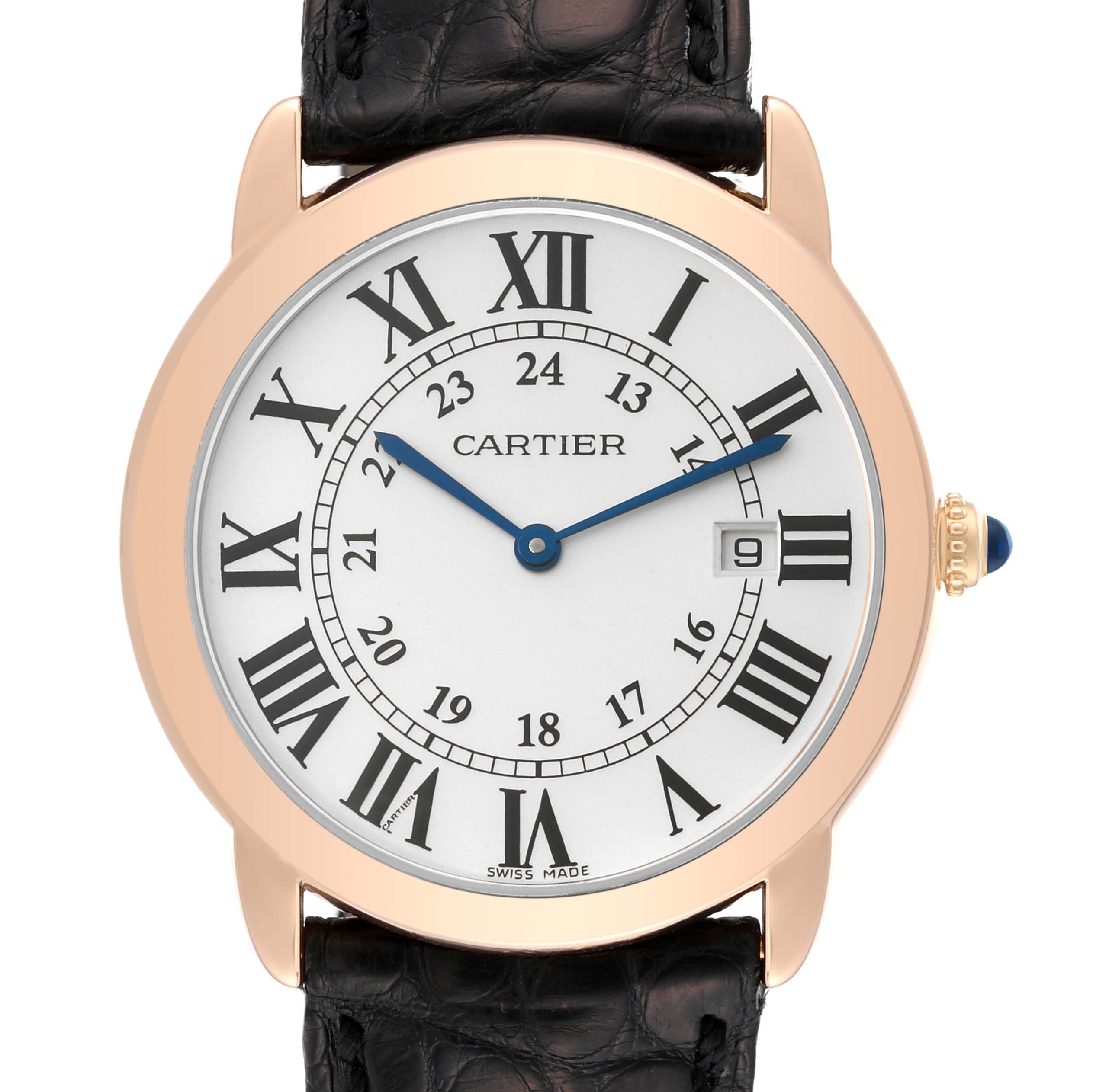 The image shows a front view of the Cartier Ronde W6701008 Men
s Steel and Gold (two tone) Silver Dial W6701008 Men
s Steel and Gold (two tone) Silver Dial watch, featuring Roman numerals and a date window.