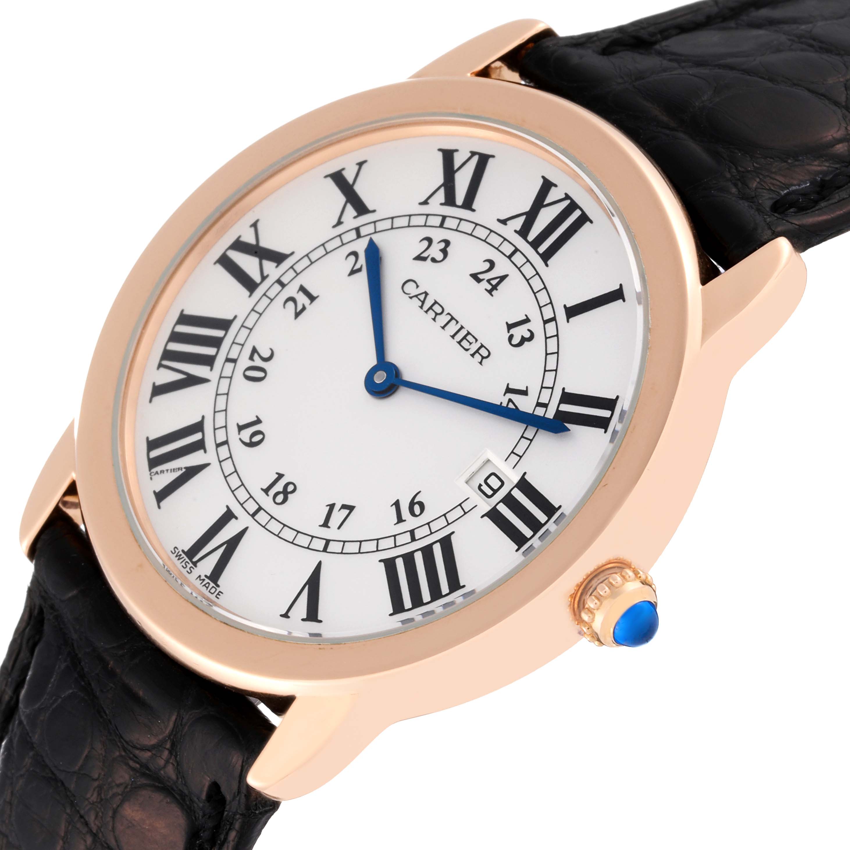 The image shows a Ronde model by Cartier from a front angle, displaying its face, case, and leather strap.