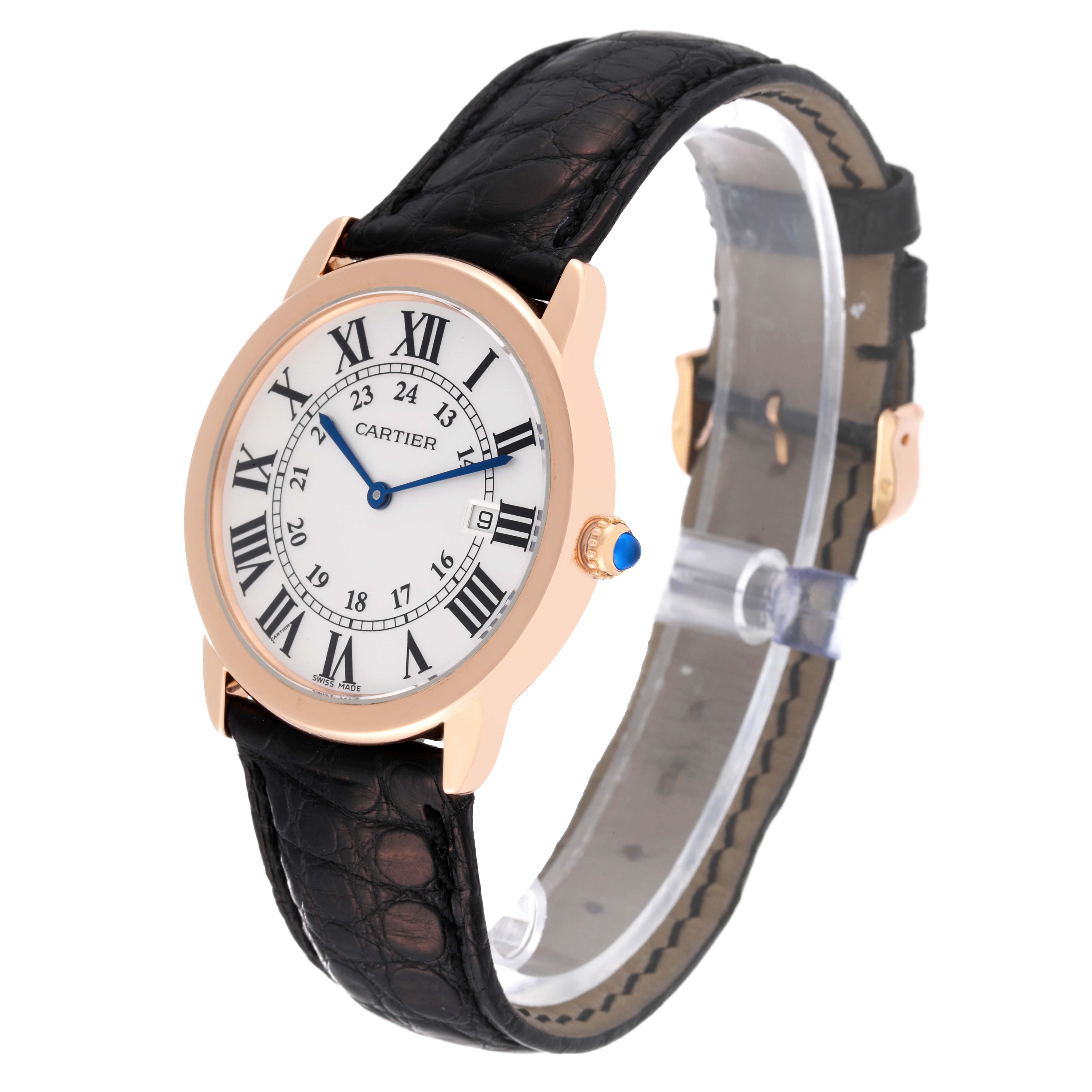 The angled view shows the face, strap, and crown of the Cartier Ronde W6701008 Men
s Steel and Gold (two tone) Silver Dial W6701008 Men
s Steel and Gold (two tone) Silver Dial model watch, highlighting its Roman numerals and leather band.