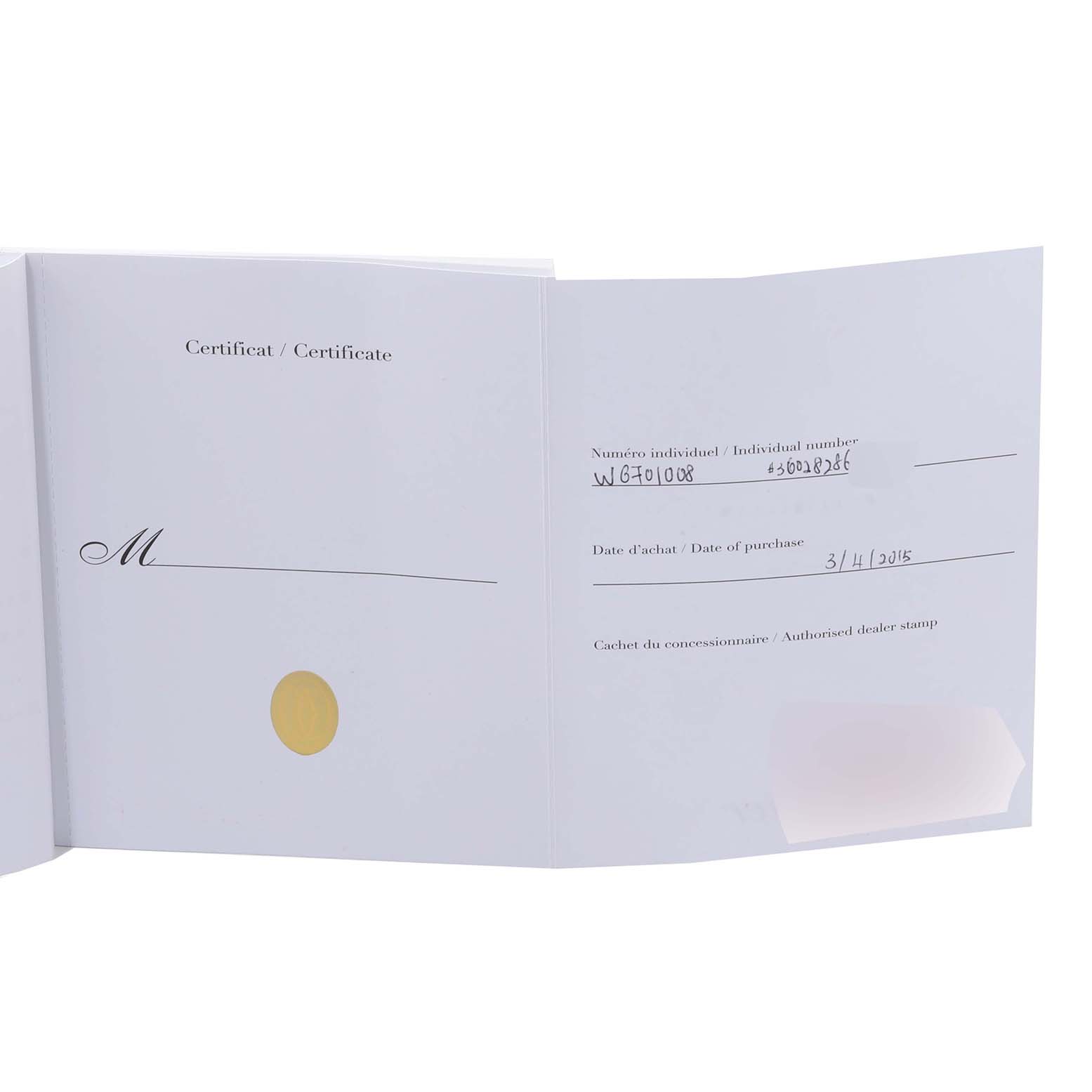 This image shows the warranty certificate for a Ronde model by Cartier, displaying the date of purchase and individual number.