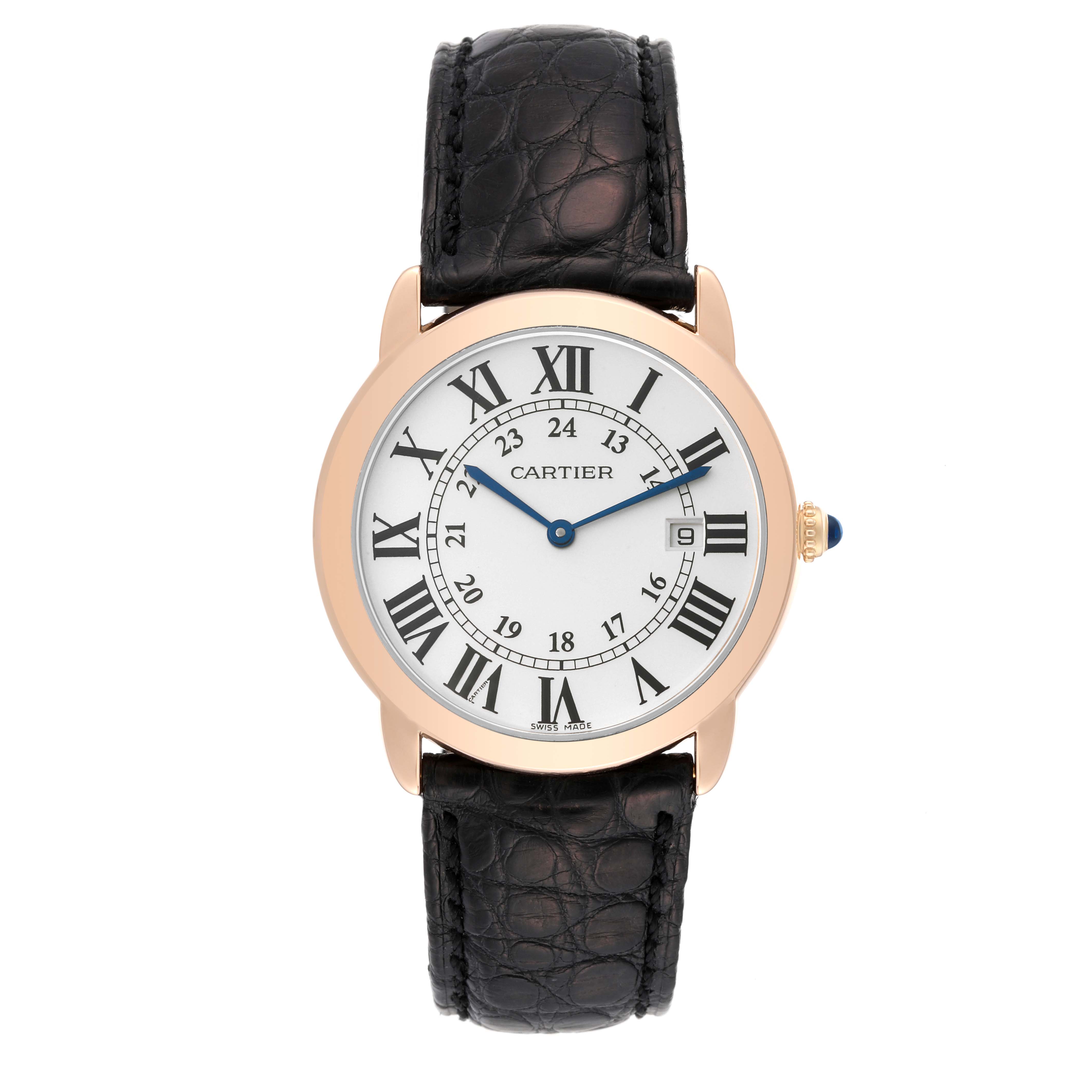 This image shows a front view of the Ronde model by Cartier, highlighting its dial, Roman numerals, and black leather strap.