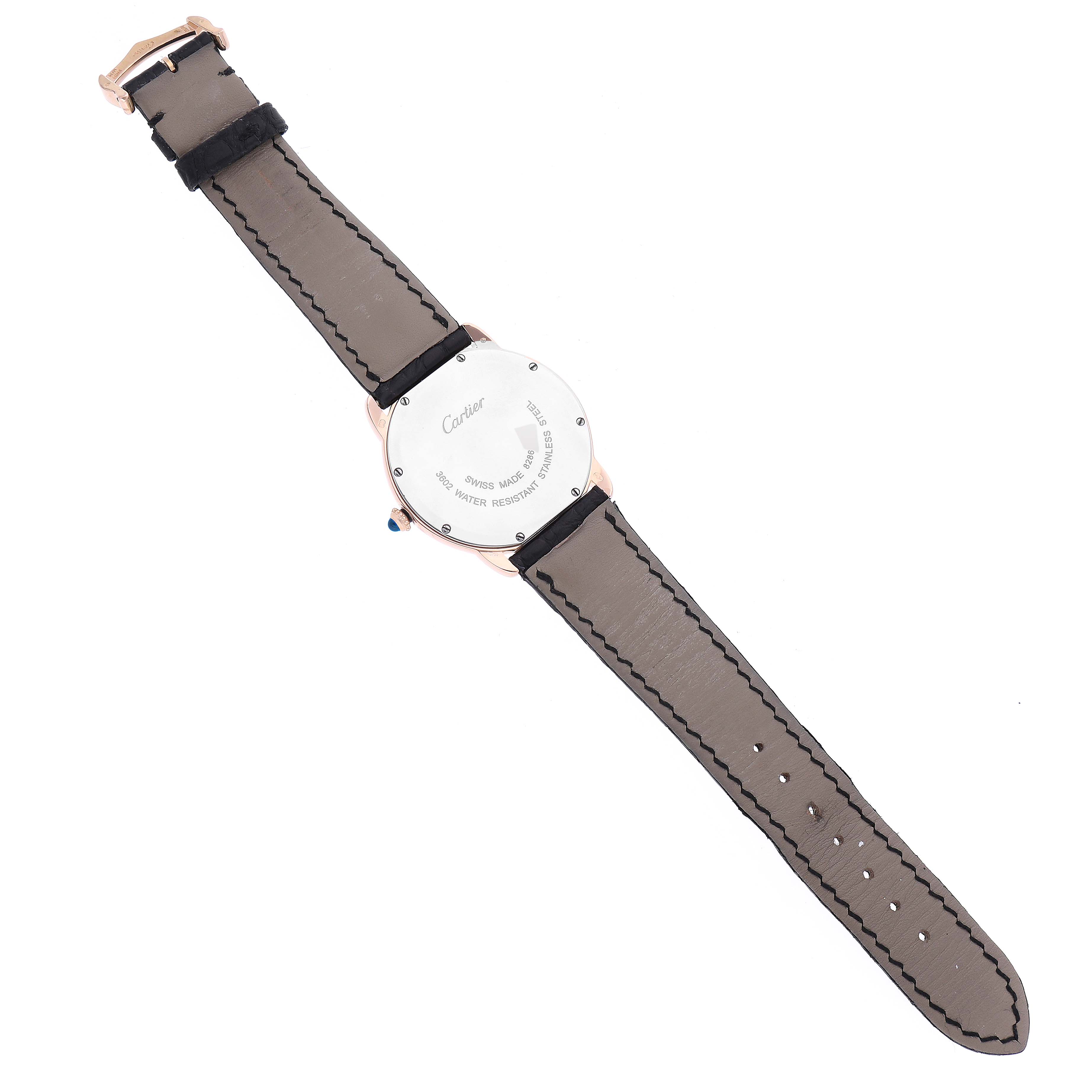 The image shows the back view of the Cartier Ronde W6701008 Men
s Steel and Gold (two tone) Silver Dial W6701008 Men
s Steel and Gold (two tone) Silver Dial model watch, highlighting the watch case and the leather strap.