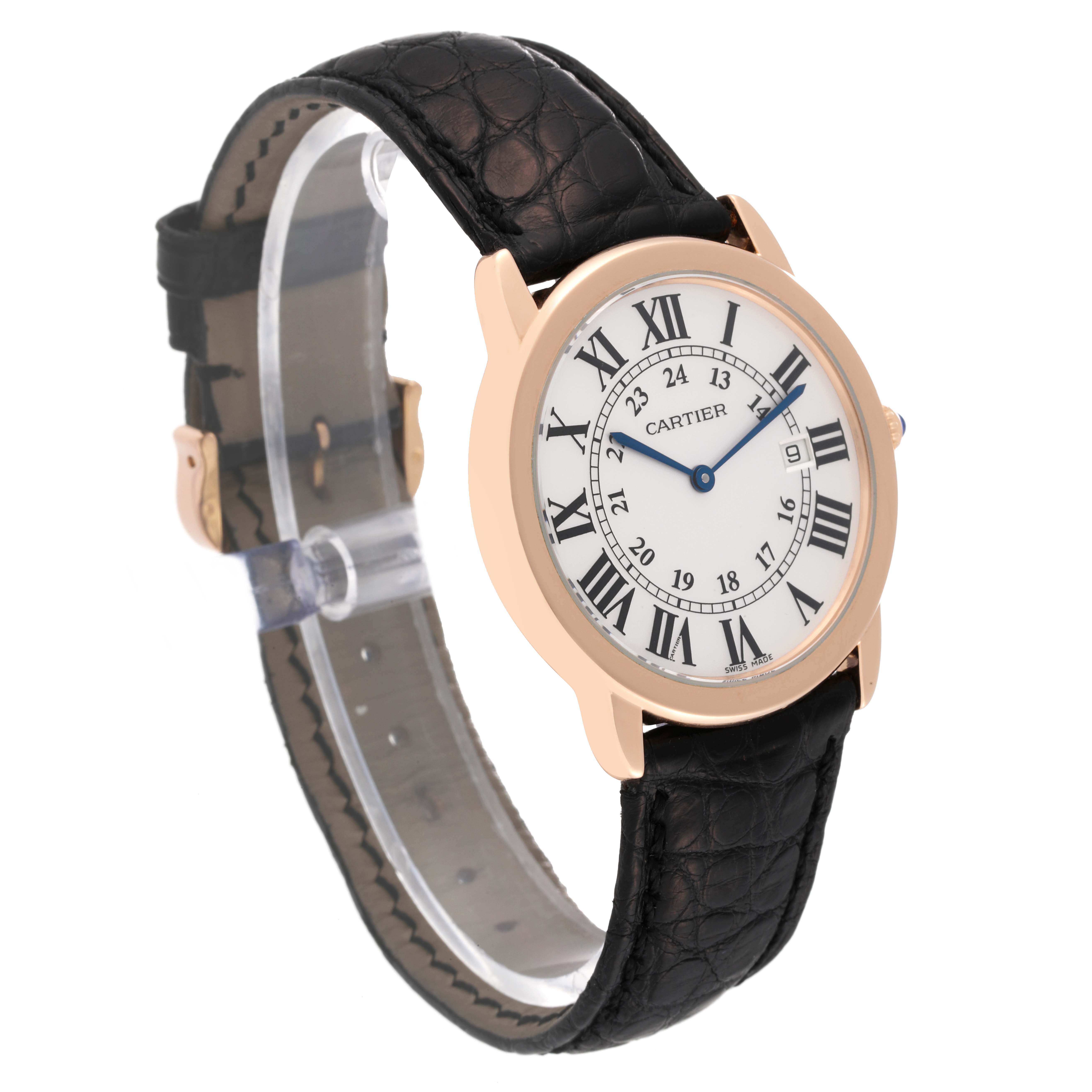 The Cartier Ronde W6701008 Men
s Steel and Gold (two tone) Silver Dial W6701008 Men
s Steel and Gold (two tone) Silver Dial watch is shown at a tilted angle, displaying the watch face, bezel, and part of the leather strap.