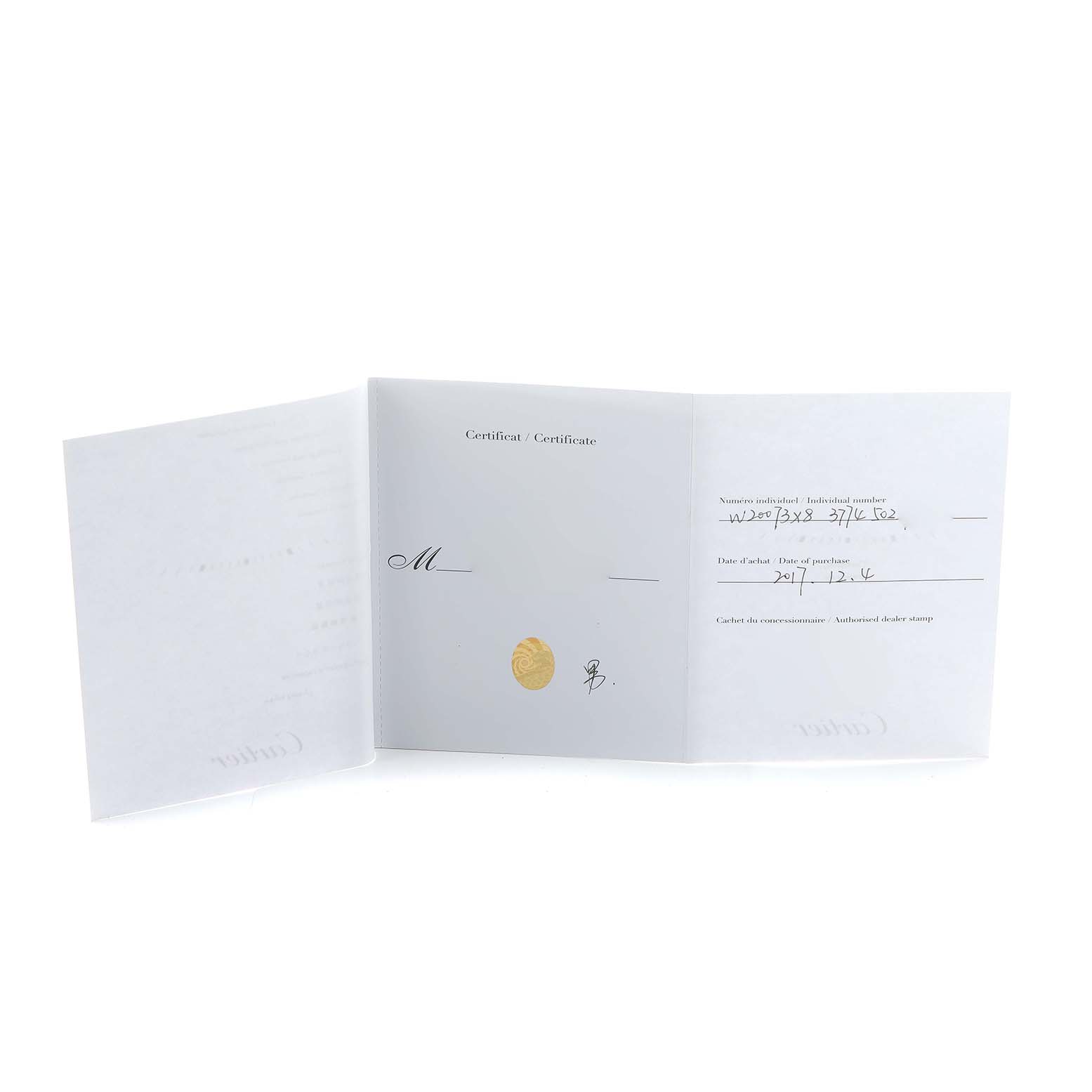 The image shows the certificate for the Cartier Santos W20073X8 Men's Stainless Steel Silver Dial model, featuring handwritten details and a gold seal.