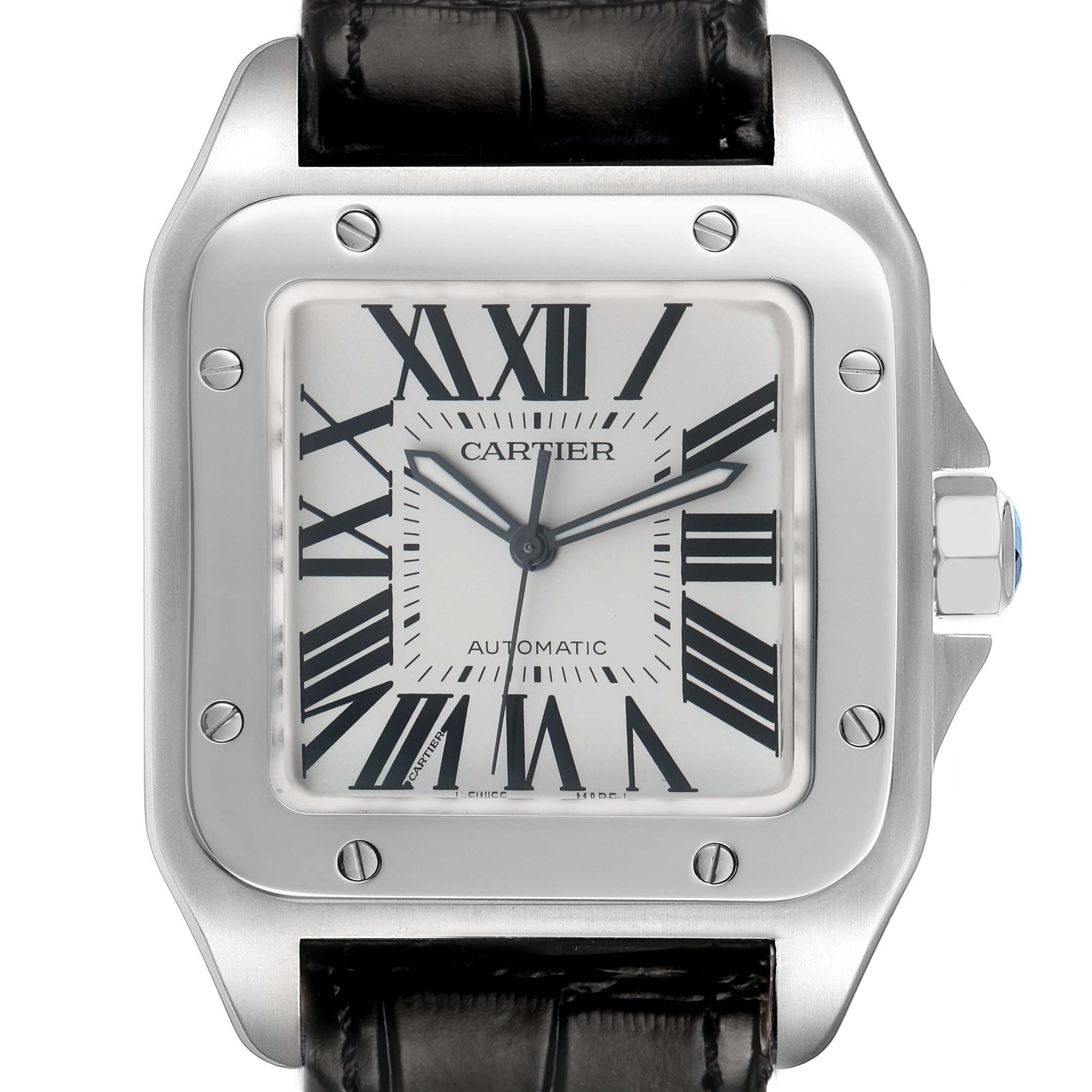 The Cartier Santos W20073X8 Men's Stainless Steel Silver Dial watch is shown from the front, displaying the face, bezel, and part of the strap.