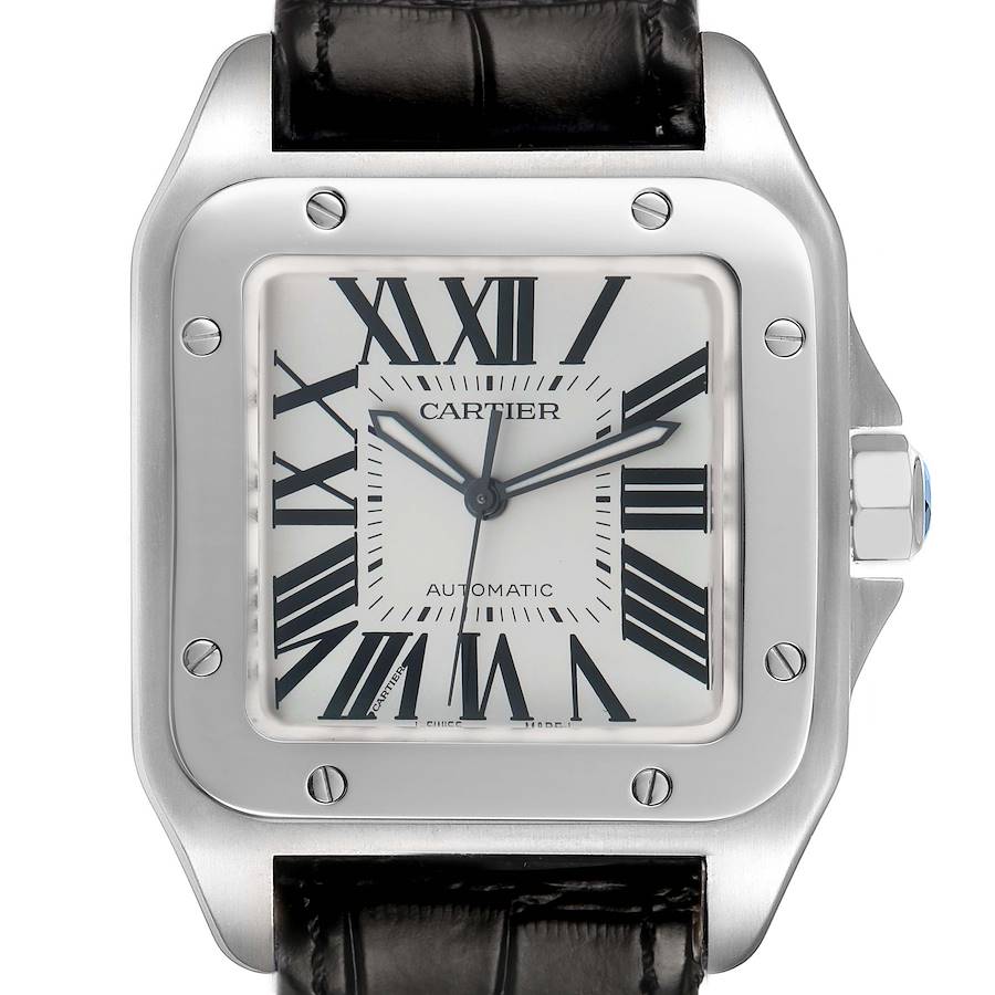 The Cartier Santos W20073X8 Men's Stainless Steel Silver Dial watch is shown from the front, displaying the face, bezel, and part of the strap.